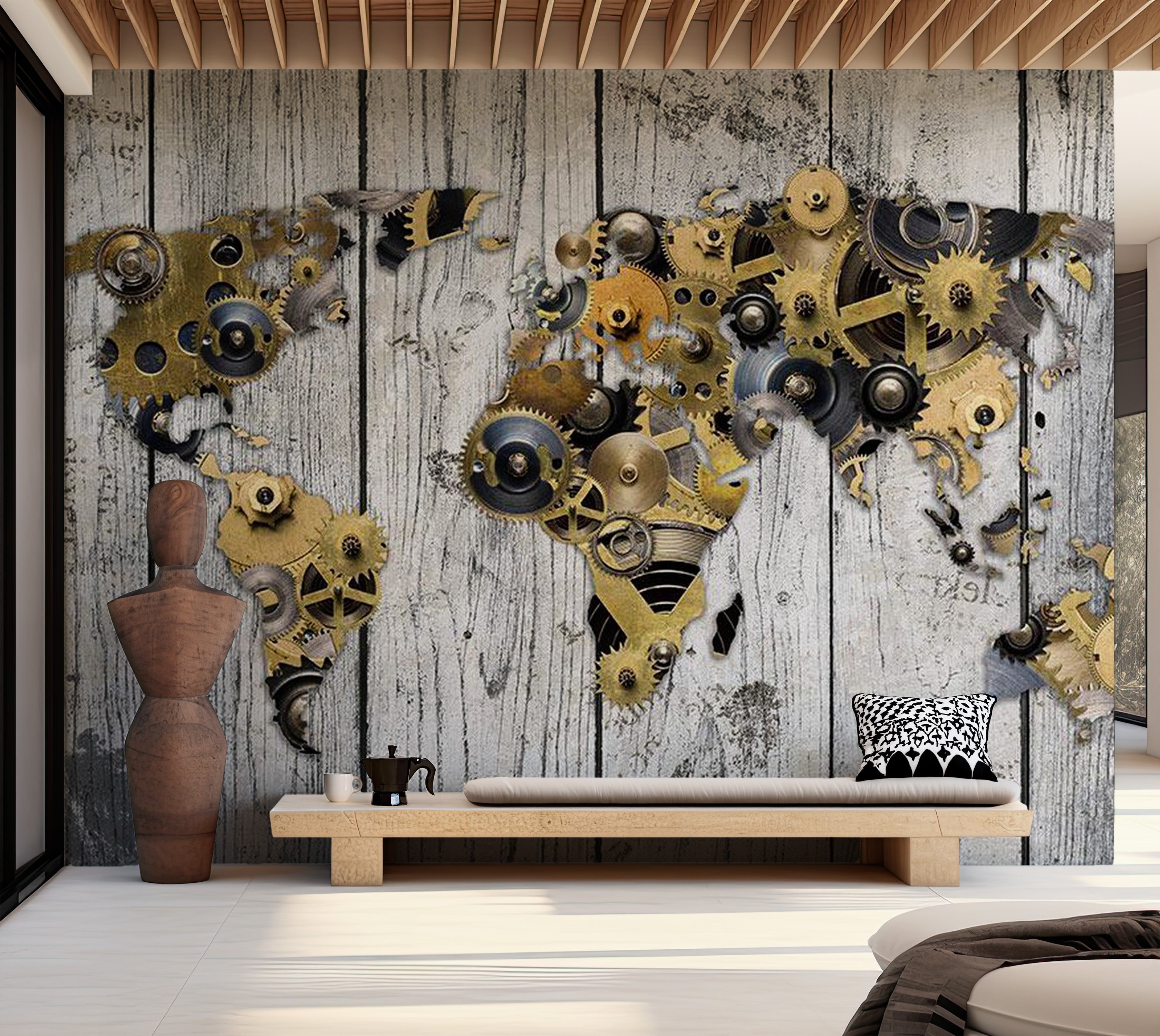 World Map Wallpaper Wall Mural - World In Gear Wheels 39"Wx27"H