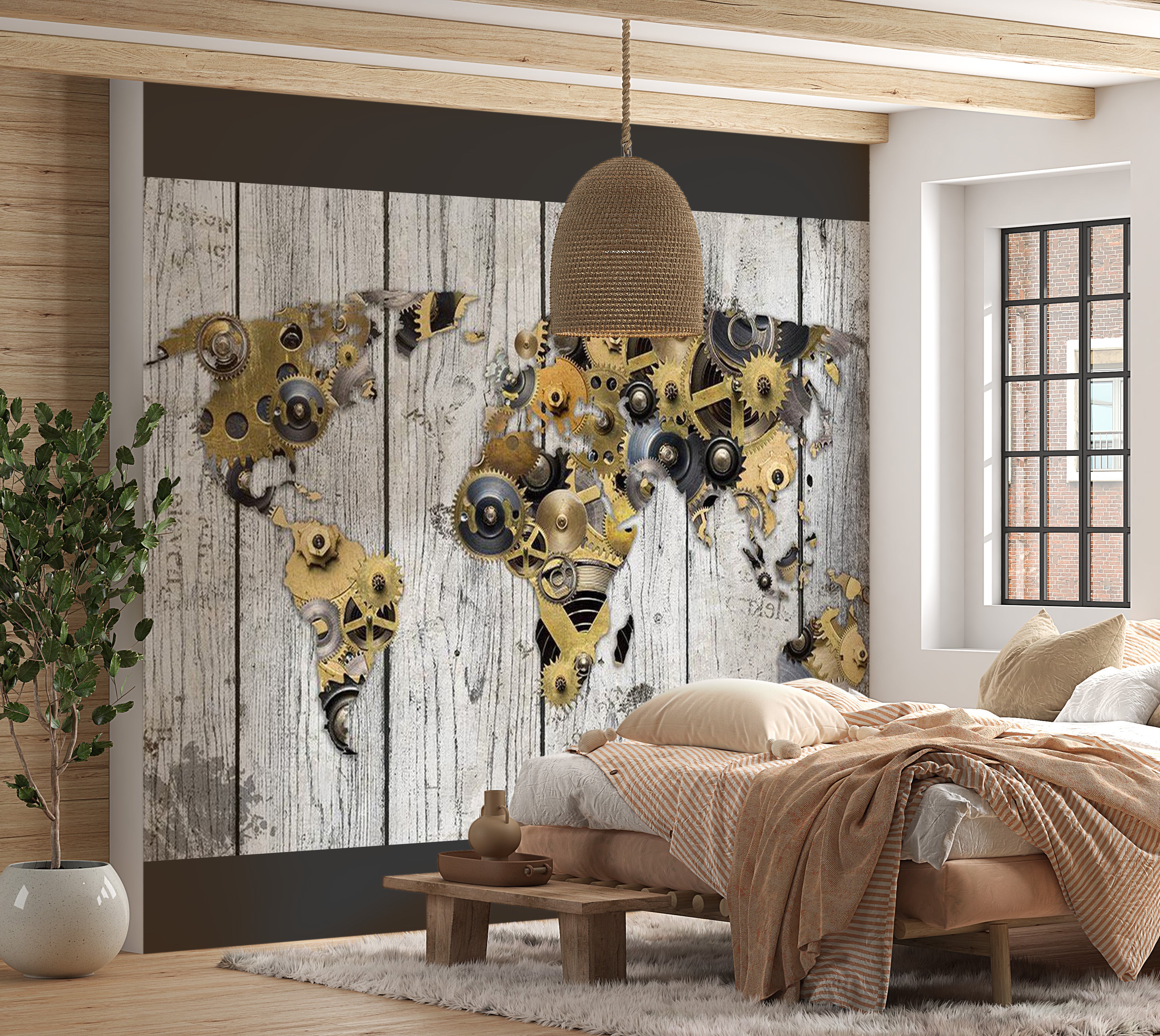 World Map Wallpaper Wall Mural - World In Gear Wheels 39"Wx27"H
