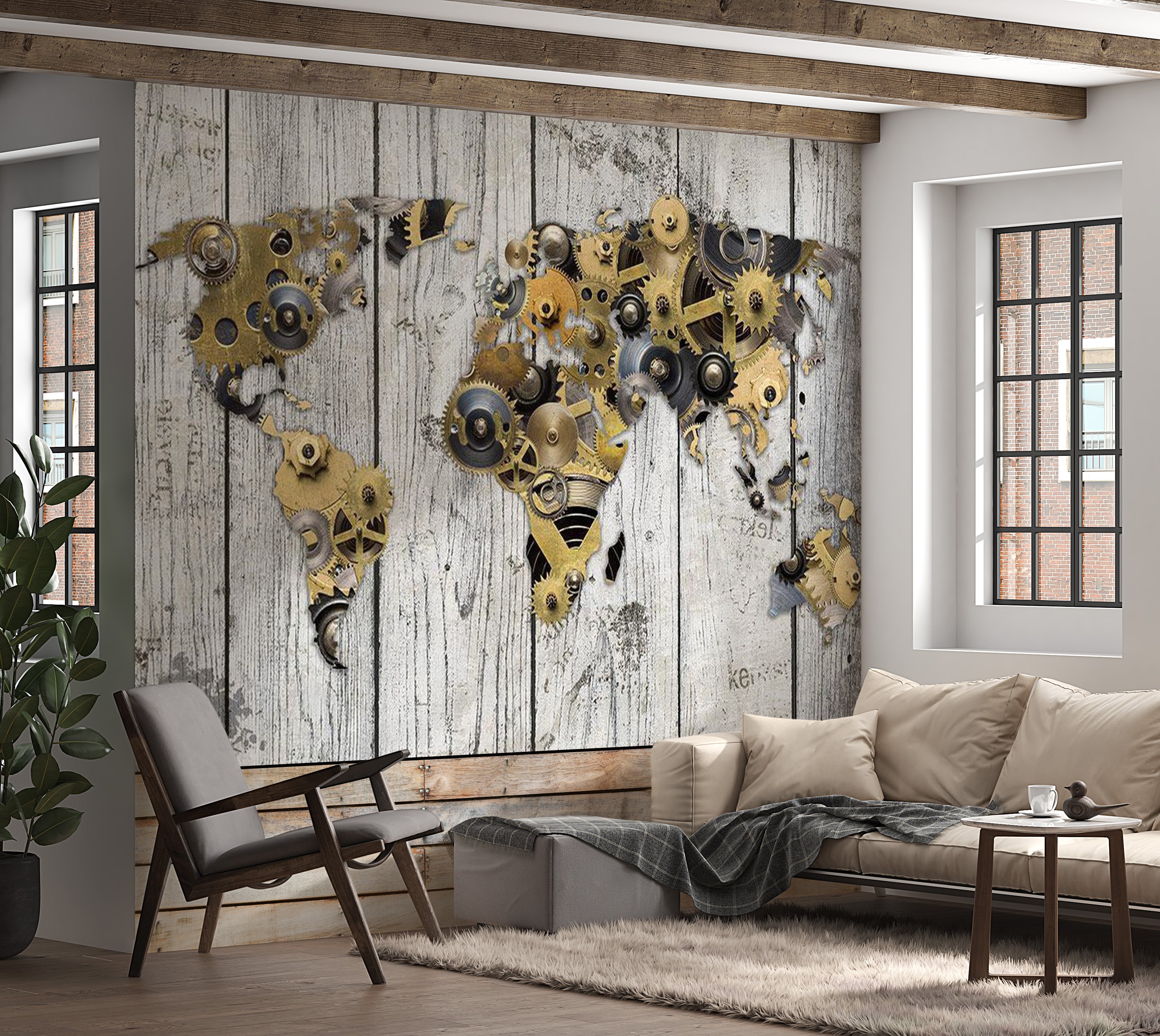 World Map Wallpaper Wall Mural - World In Gear Wheels 39"Wx27"H