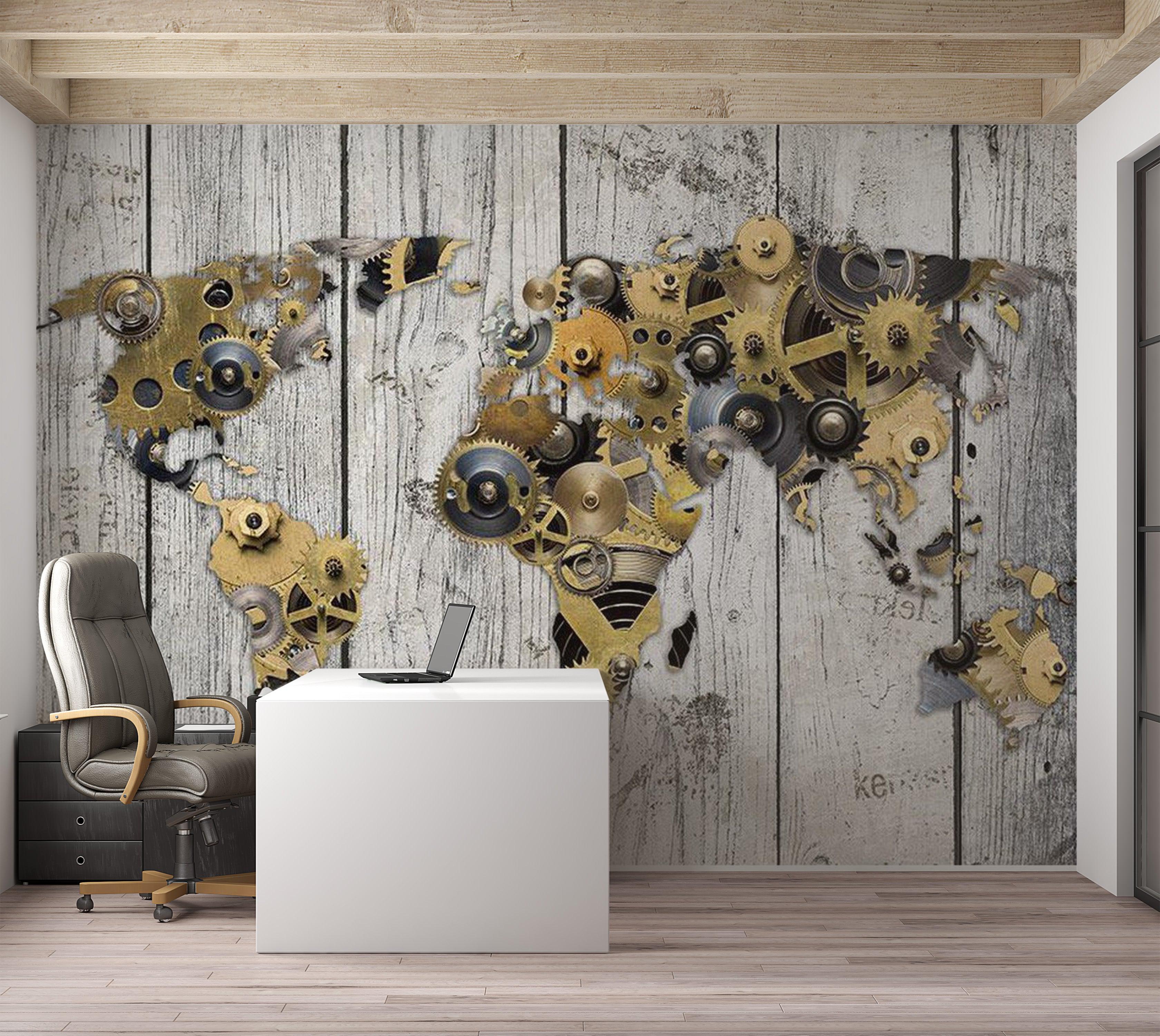 World Map Wallpaper Wall Mural - World In Gear Wheels