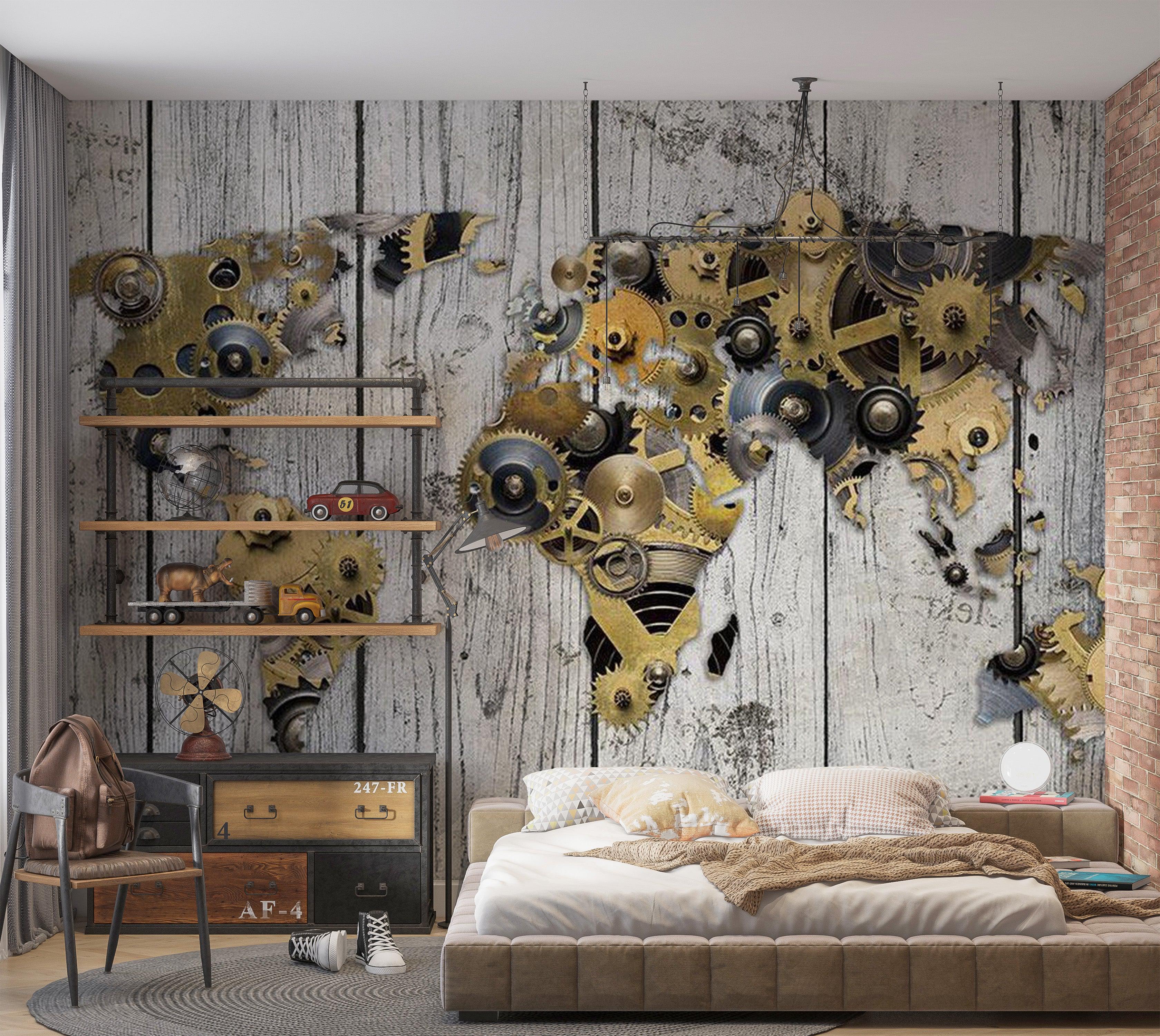 World Map Wallpaper Wall Mural - World In Gear Wheels