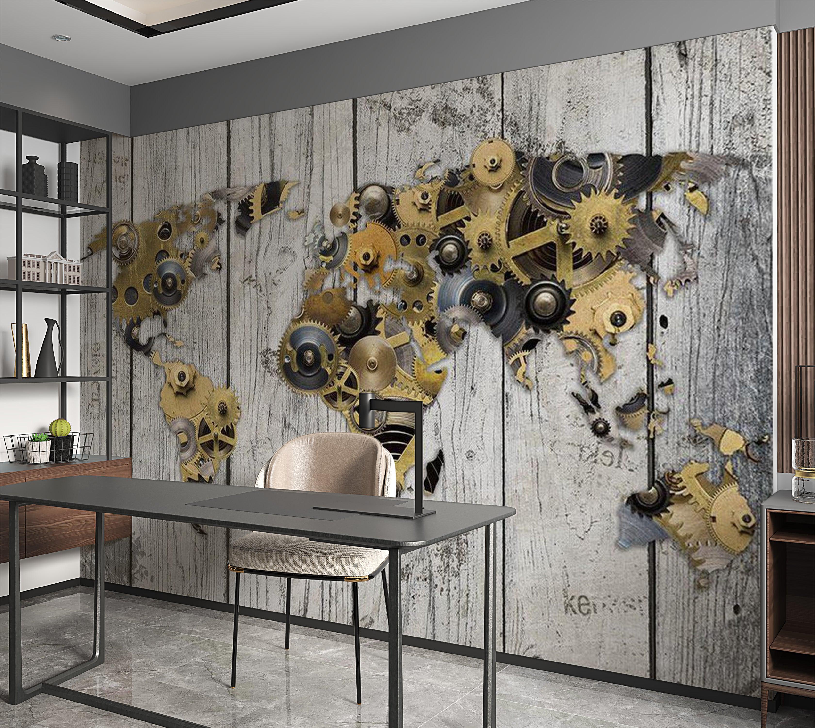 World Map Wallpaper Wall Mural - World In Gear Wheels