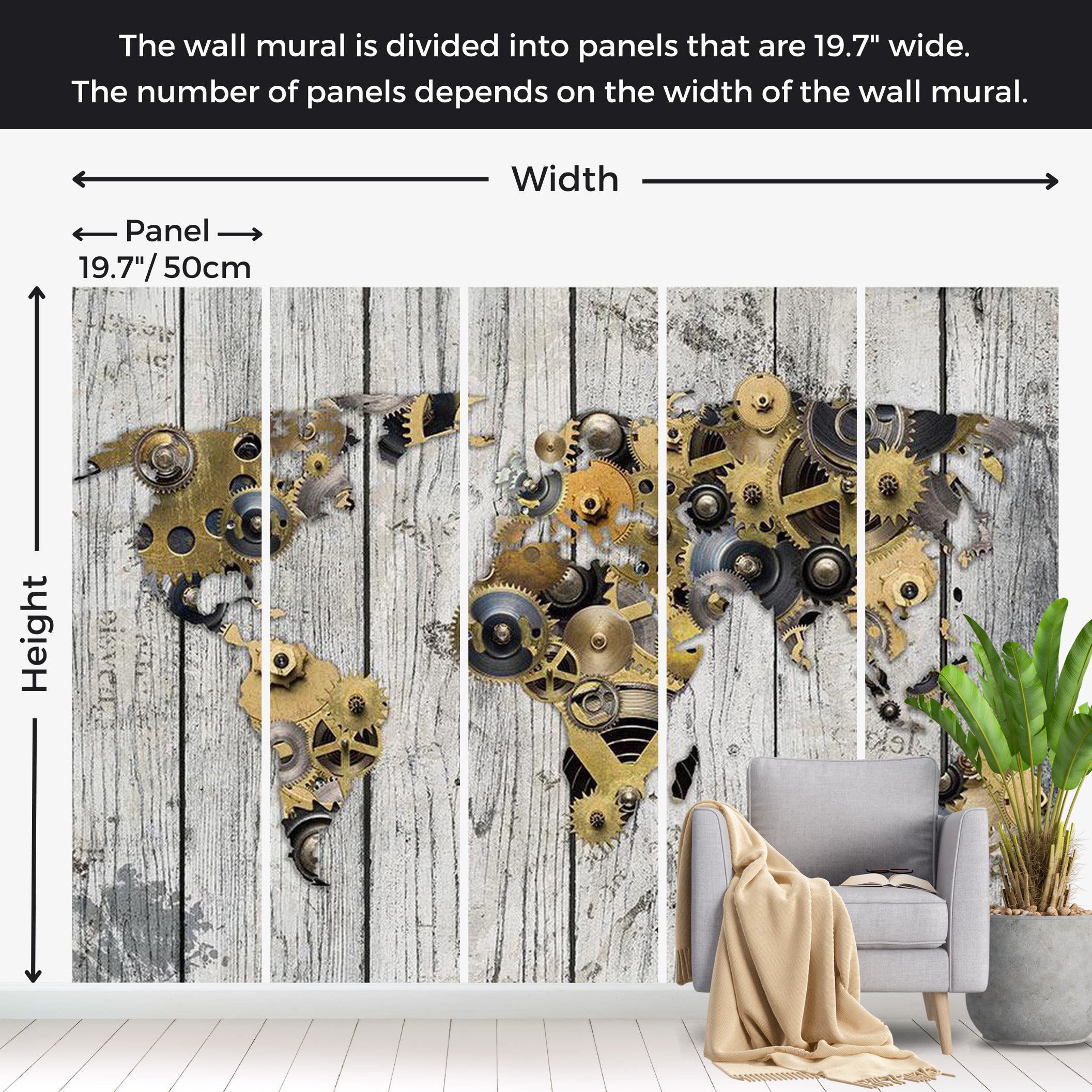World Map Wallpaper Wall Mural - World In Gear Wheels 39"Wx27"H