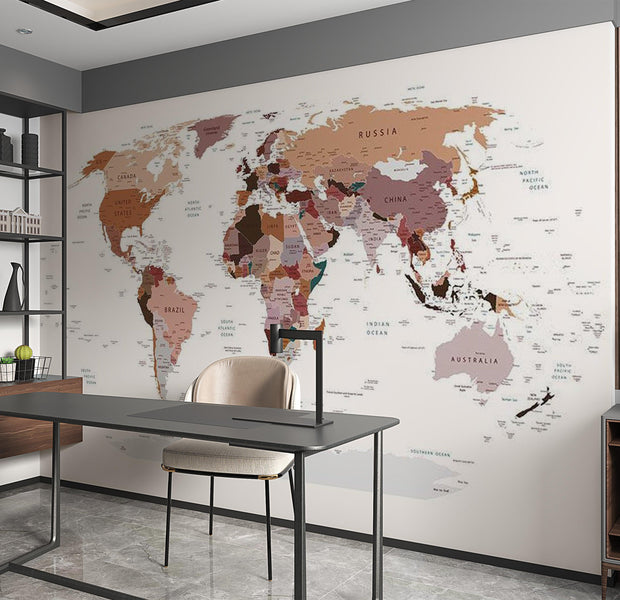 World Map Wallpaper Wall Mural - Map In Shades Of Brown