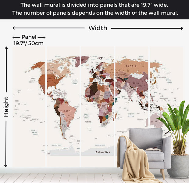 World Map Wallpaper Wall Mural - Map In Shades Of Brown 39"Wx27"H