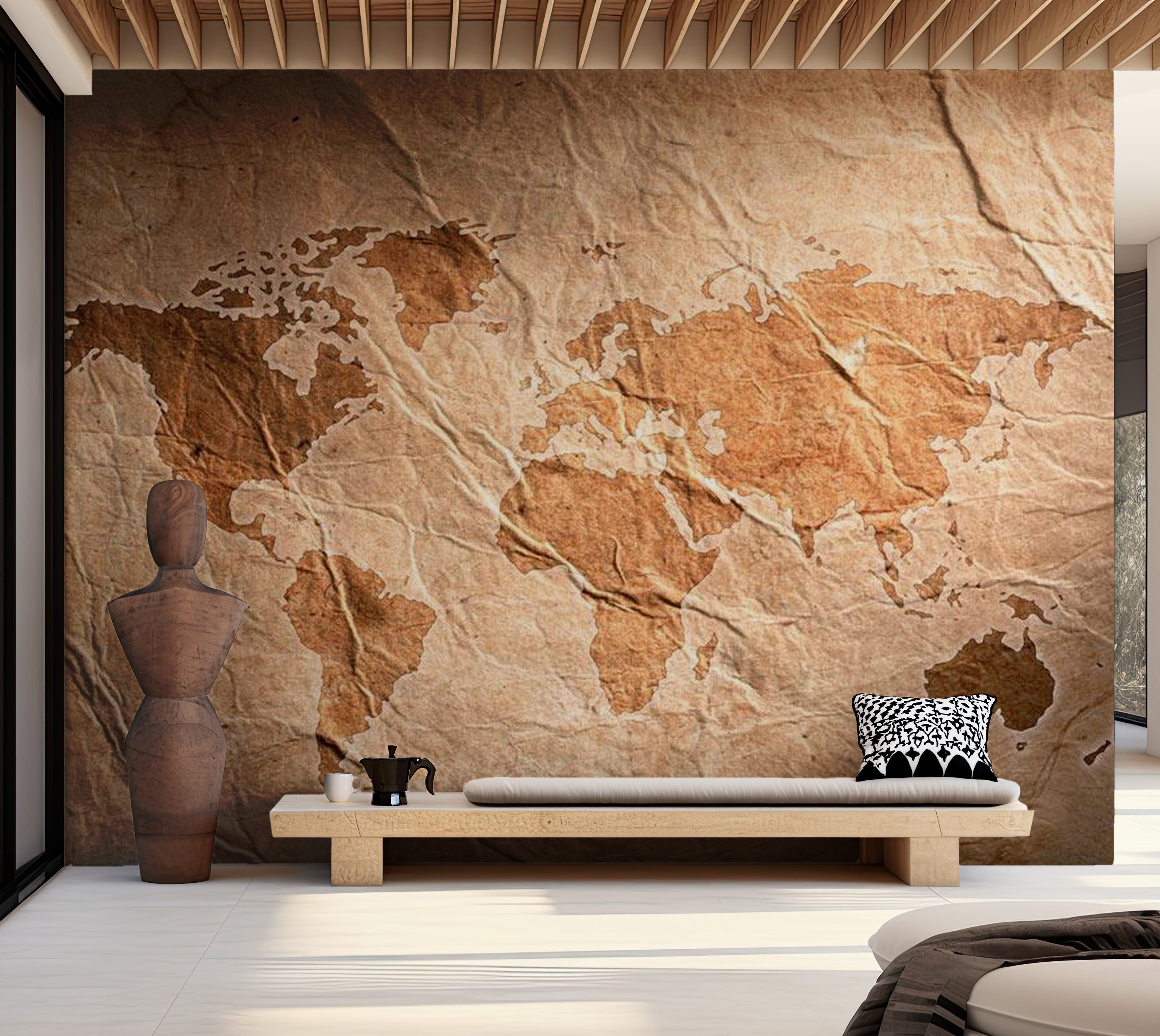 World Map Wallpaper Wall Mural - Old Wrinkled Map 39"Wx27"H