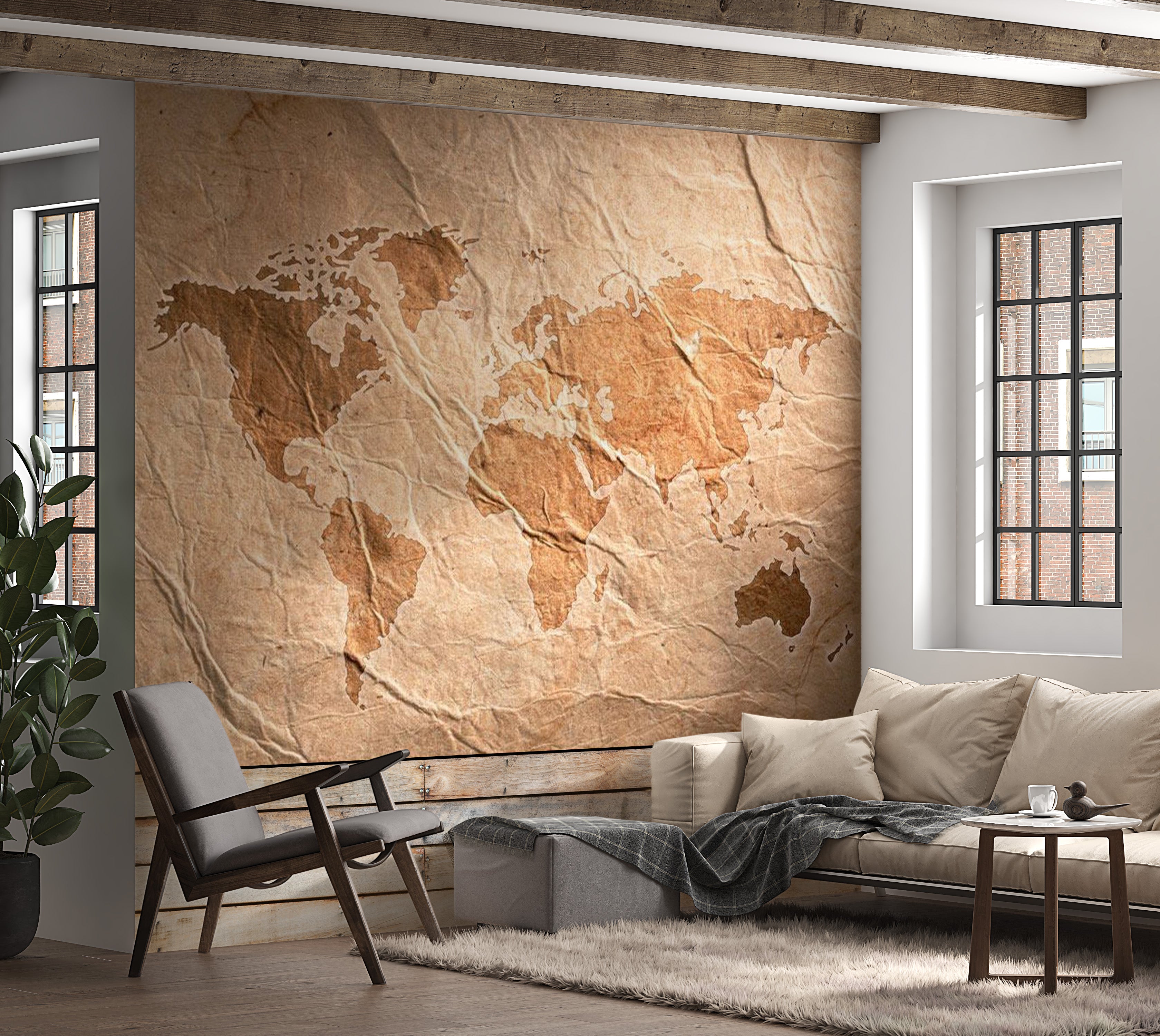 World Map Wallpaper Wall Mural - Old Wrinkled Map 39"Wx27"H