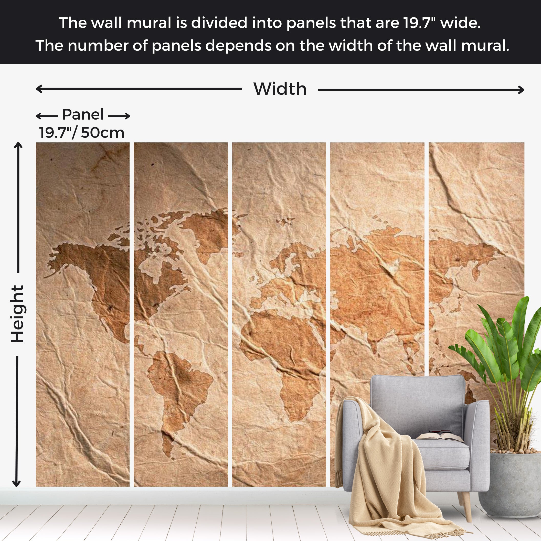 World Map Wallpaper Wall Mural - Old Wrinkled Map 39"Wx27"H