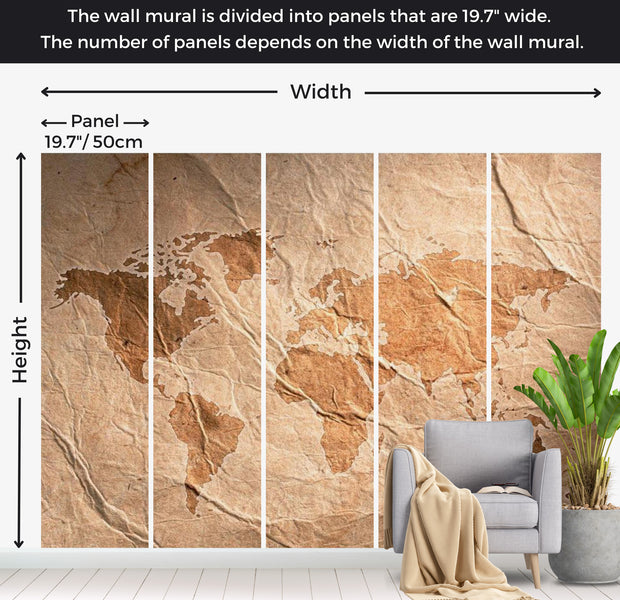 World Map Wallpaper Wall Mural - Old Wrinkled Map 39"Wx27"H