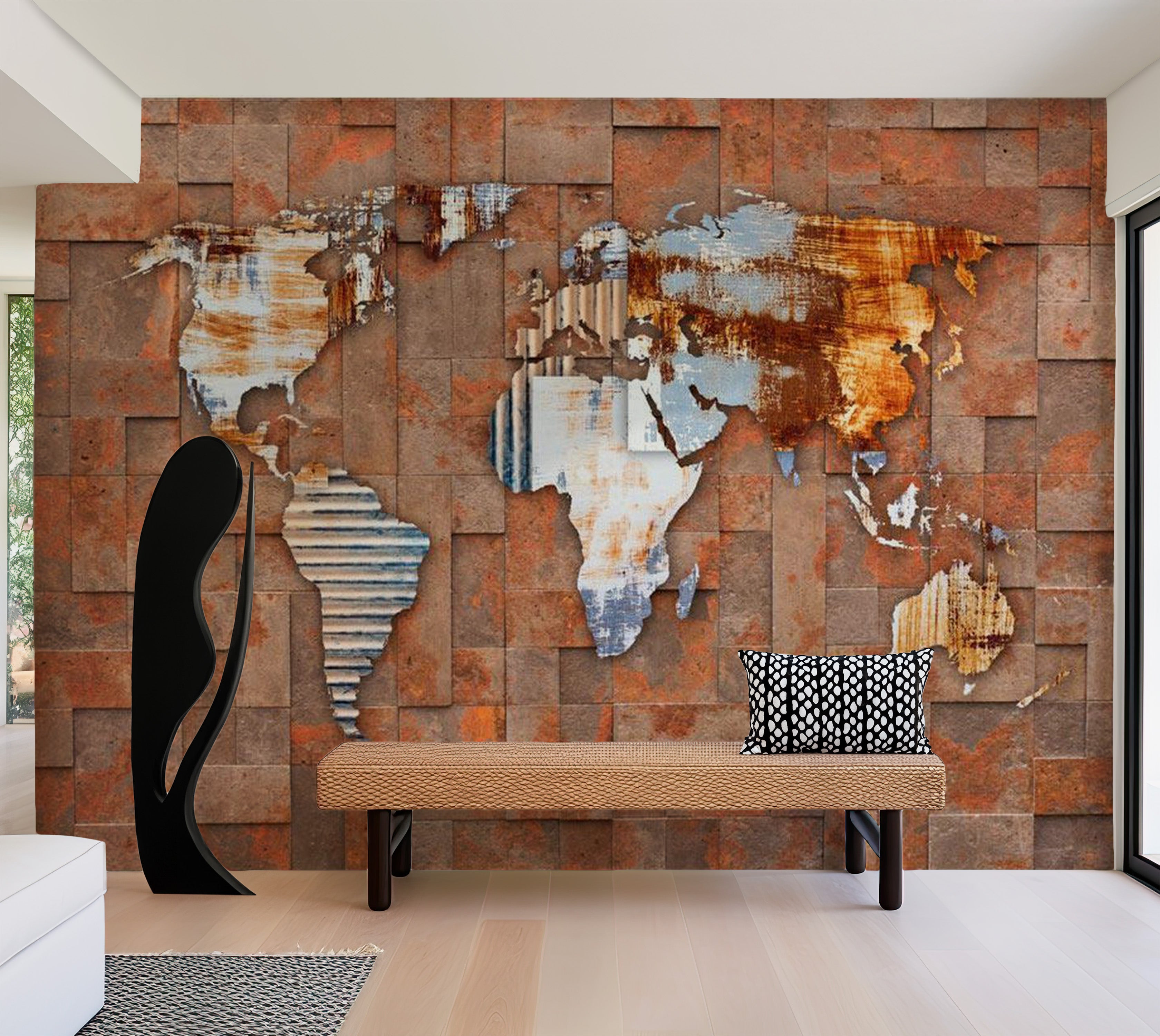 World Map Wallpaper Wall Mural - Map On Rusty Background 39"Wx27"H