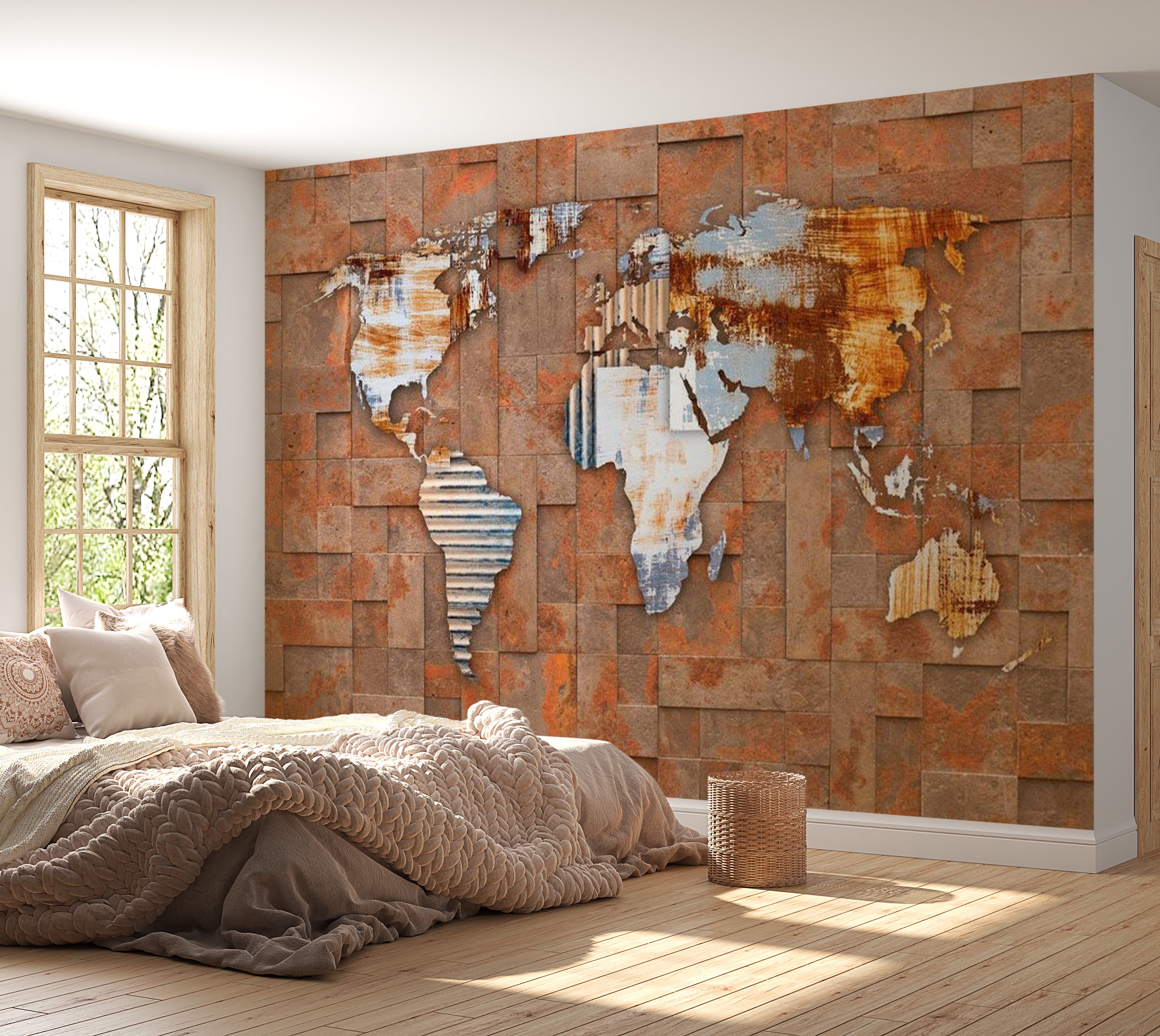 World Map Wallpaper Wall Mural - Map On Rusty Background 39"Wx27"H