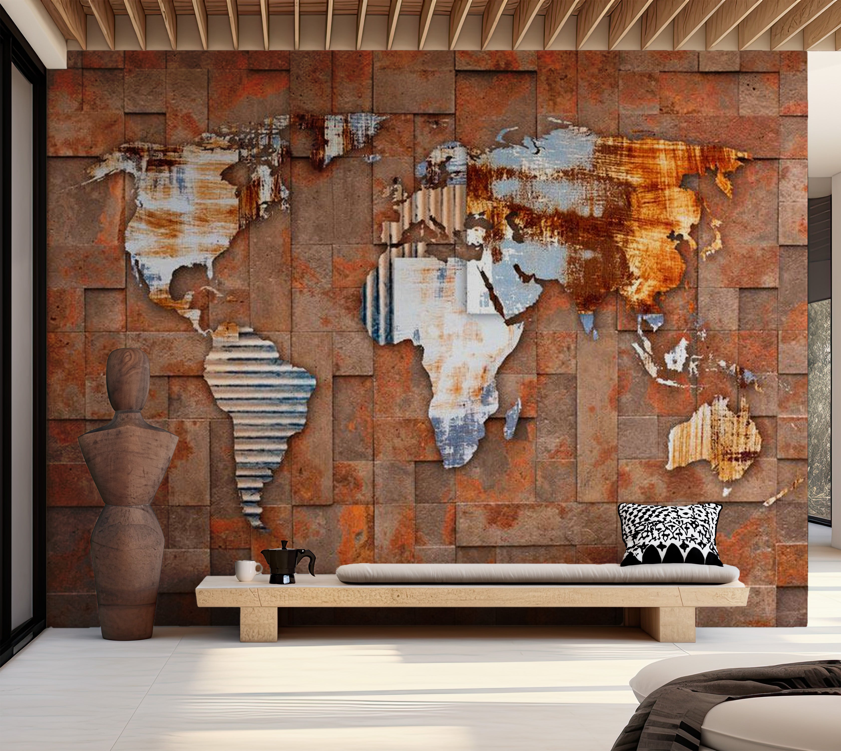 World Map Wallpaper Wall Mural - Map On Rusty Background 39"Wx27"H