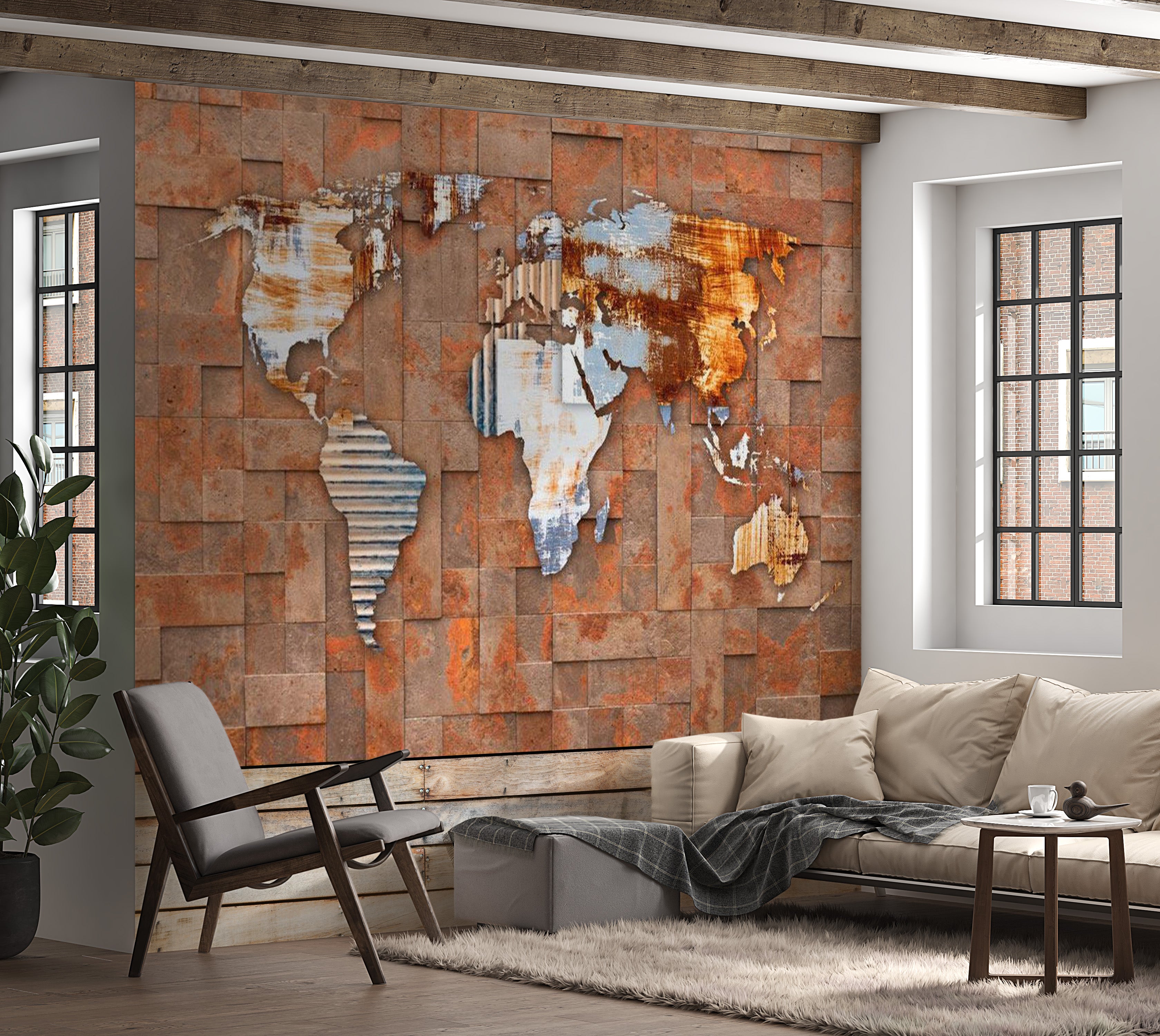 World Map Wallpaper Wall Mural - Map On Rusty Background 39"Wx27"H