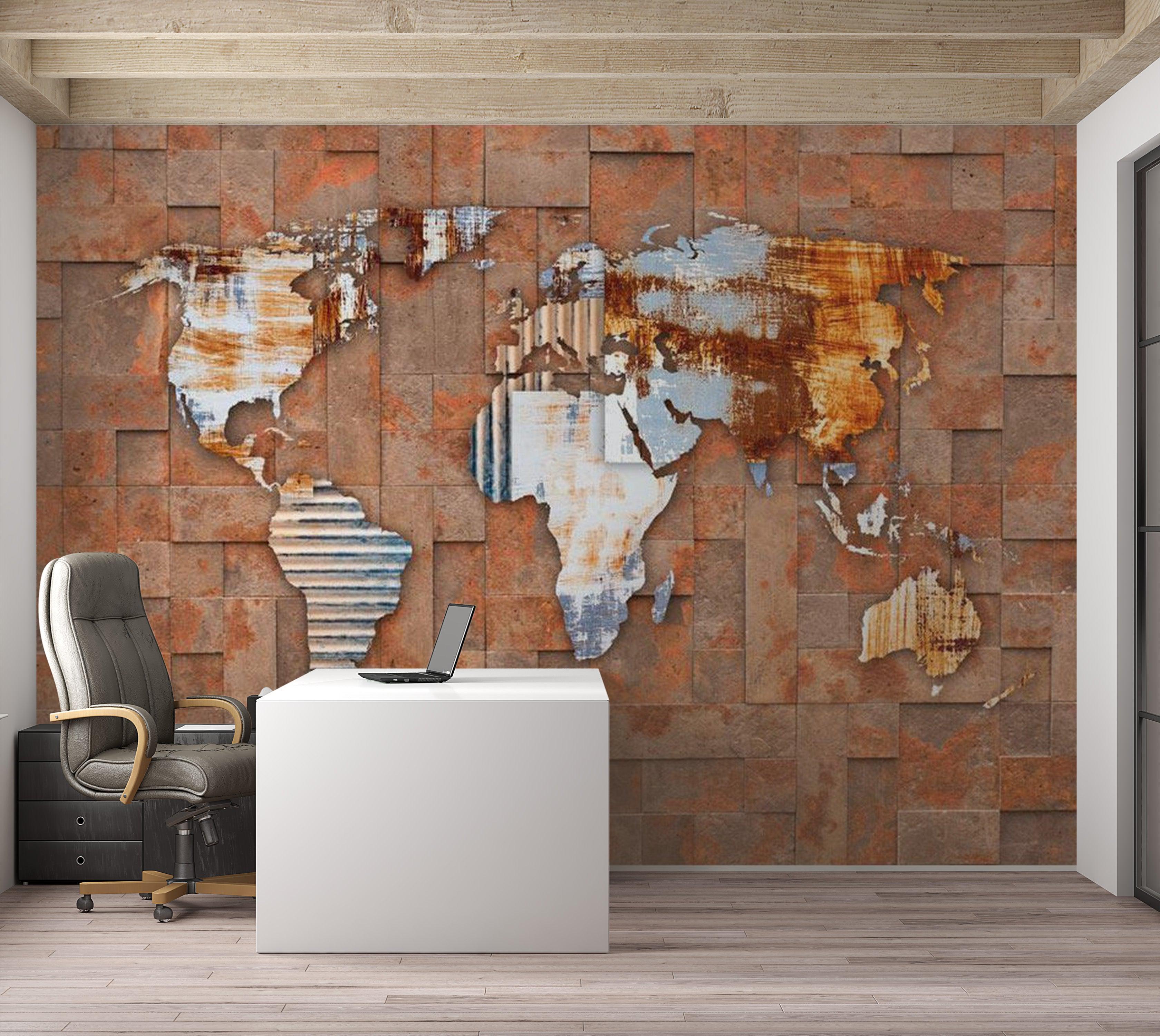 World Map Wallpaper Wall Mural - Map On Rusty Background