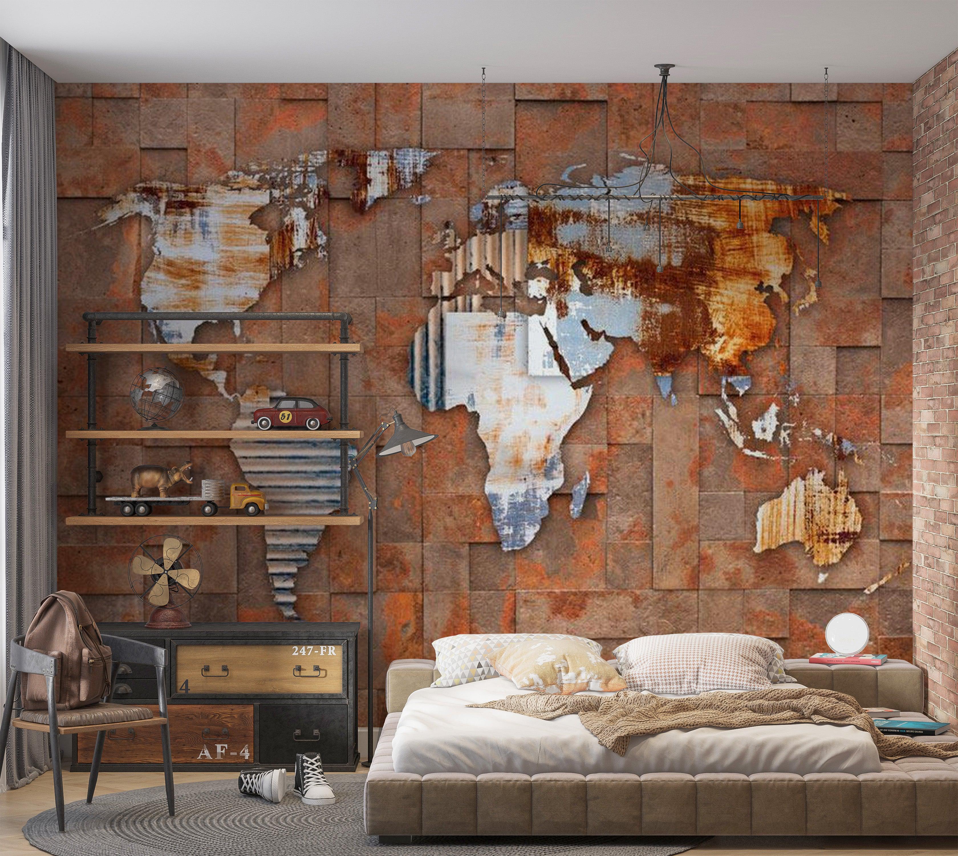 World Map Wallpaper Wall Mural - Map On Rusty Background