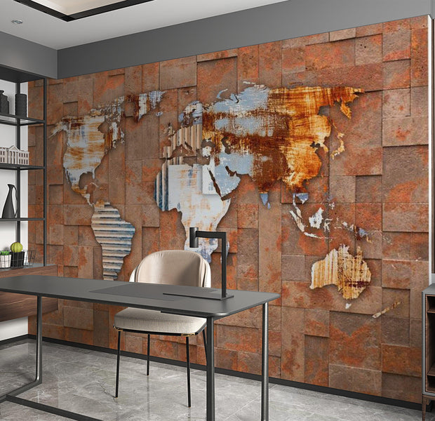 World Map Wallpaper Wall Mural - Map On Rusty Background