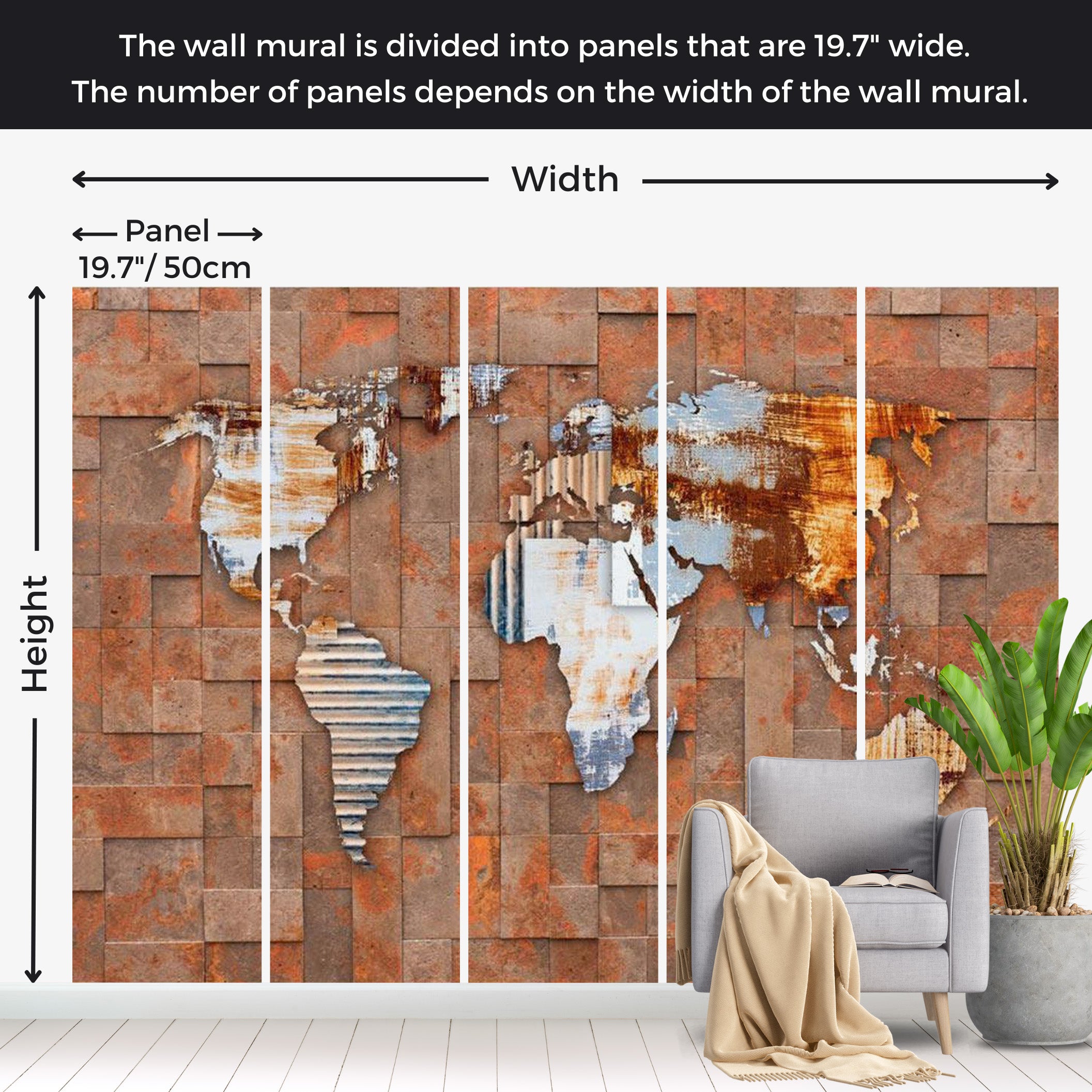 World Map Wallpaper Wall Mural - Map On Rusty Background 39"Wx27"H