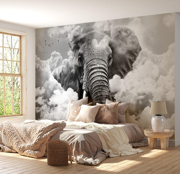 Animal Wallpaper Wall Mural - Elephant In The Clouds Black And White
