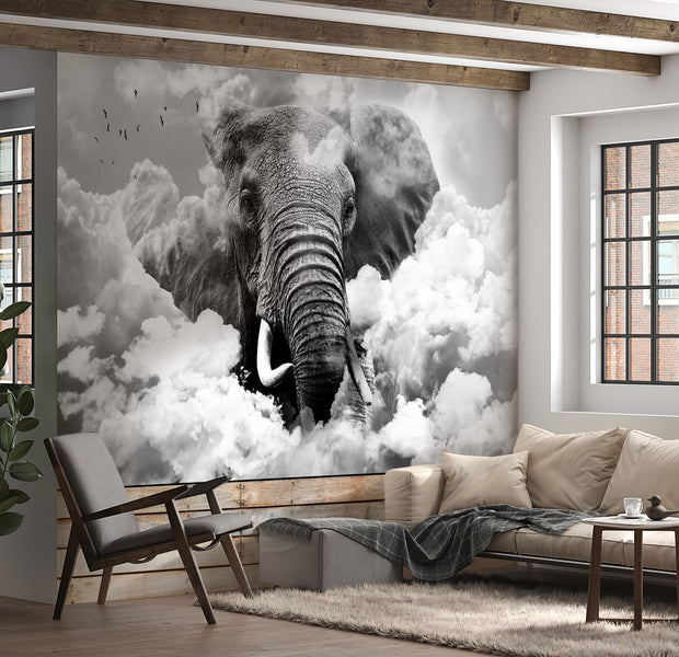 Animal Wallpaper Wall Mural - Elephant In The Clouds Black And White 39"Wx27"H