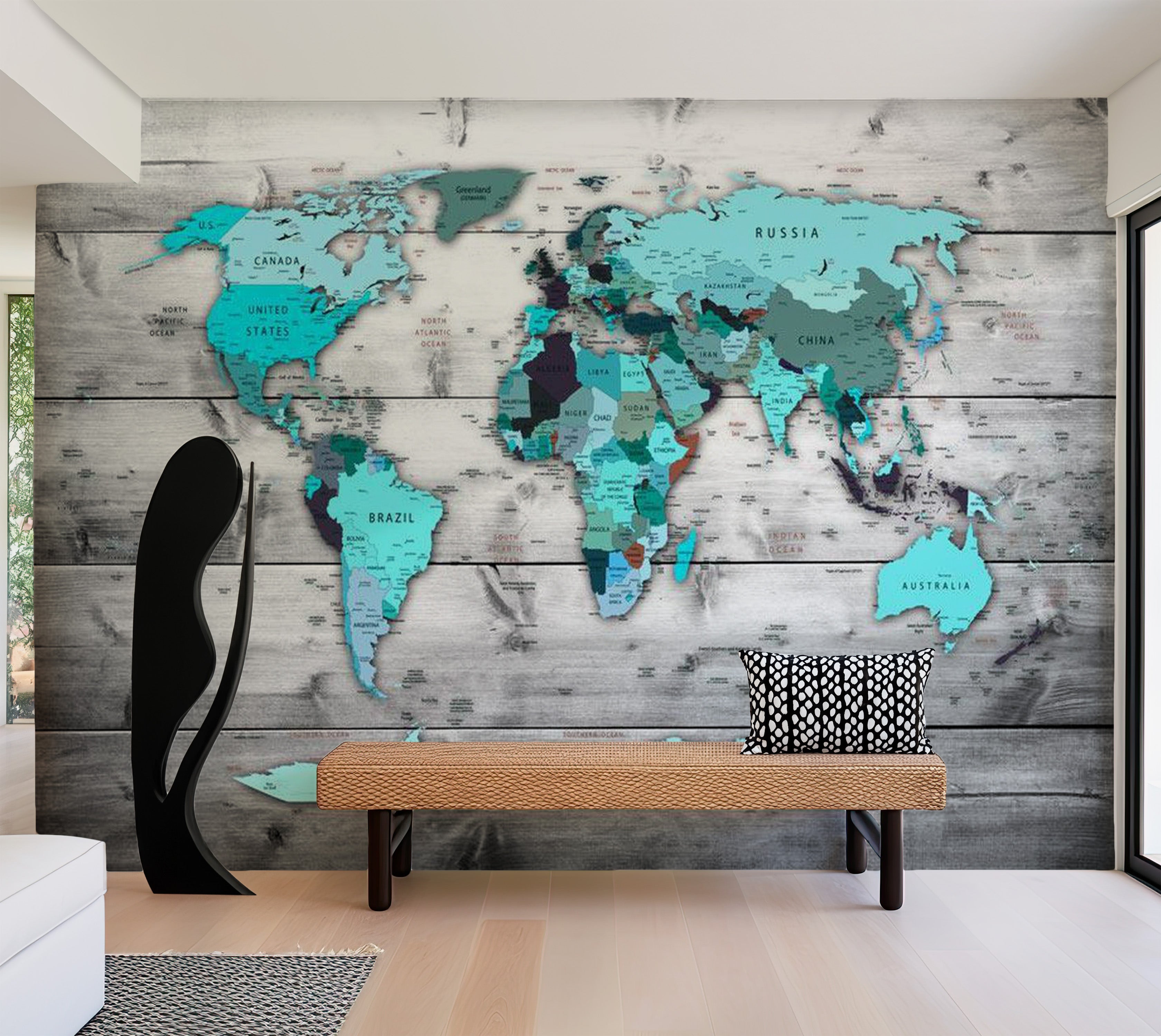 World Map Wallpaper Wall Mural - Map In Shades Of Blue 39"Wx27"H