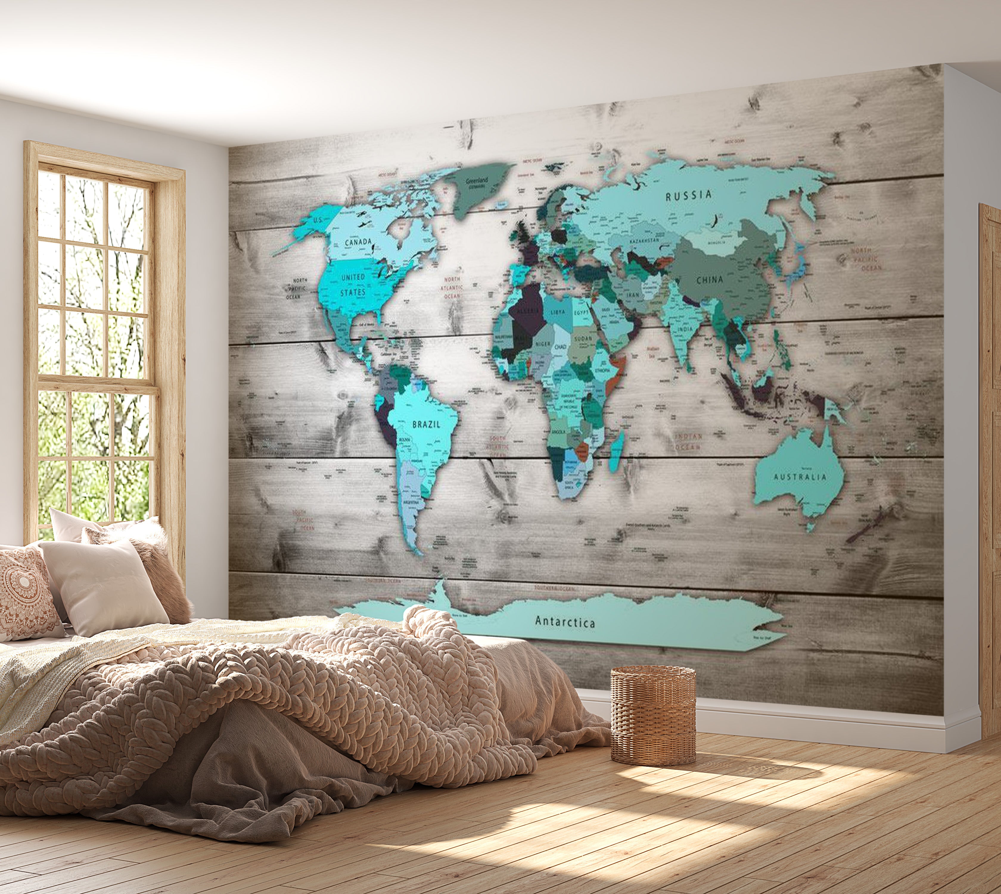 World Map Wallpaper Wall Mural - Map In Shades Of Blue 39"Wx27"H