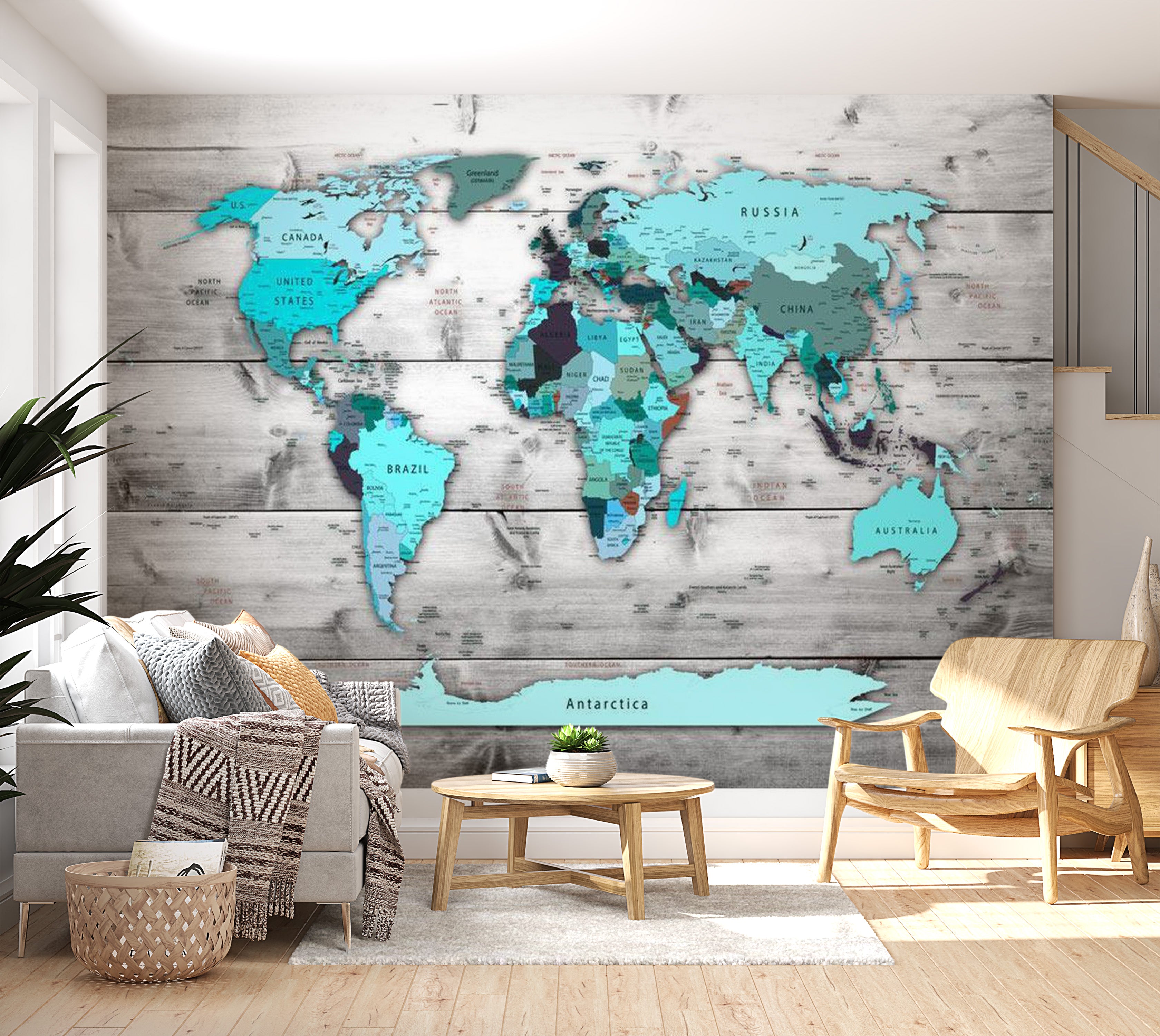 World Map Wallpaper Wall Mural - Map In Shades Of Blue 39"Wx27"H