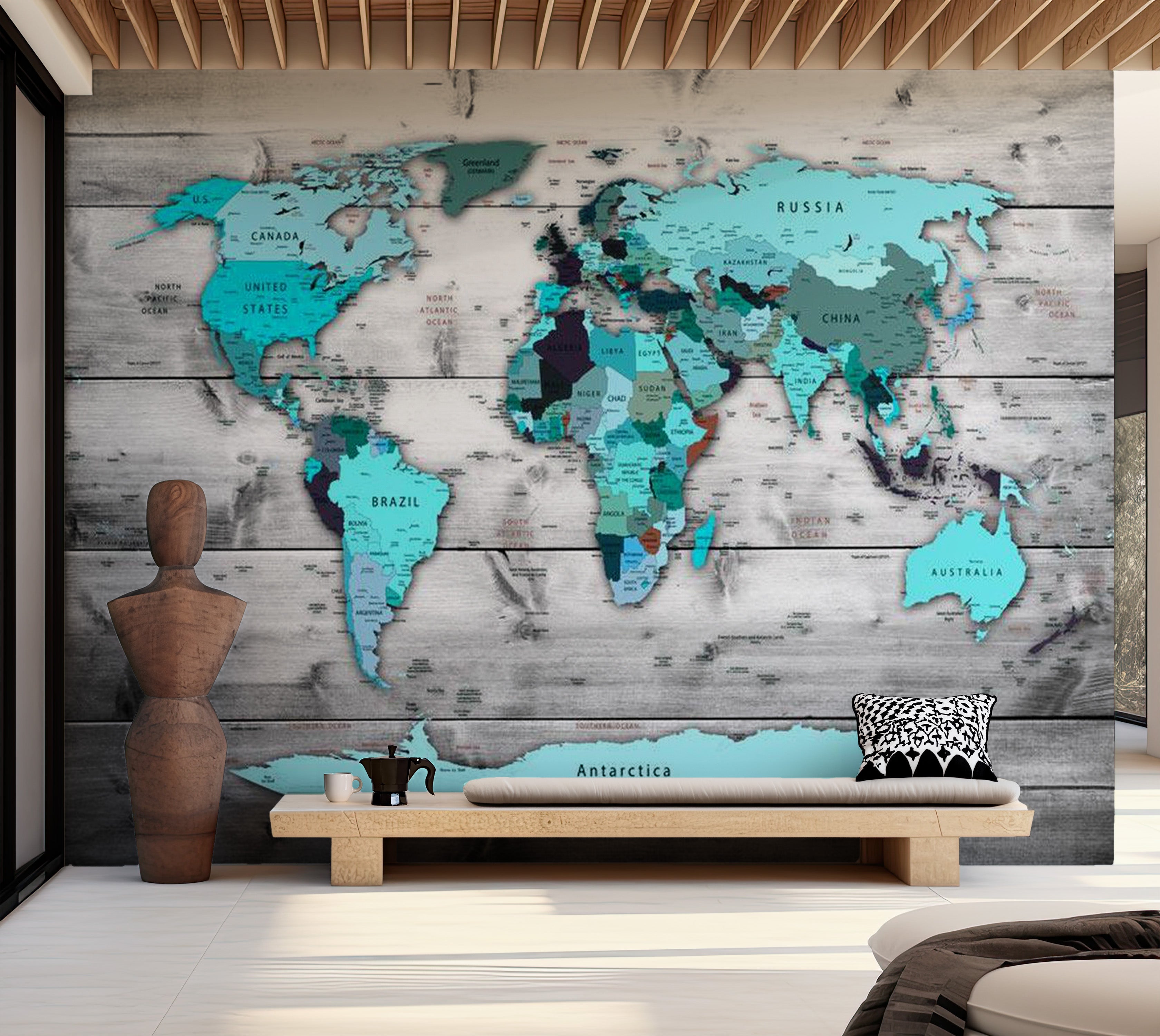 World Map Wallpaper Wall Mural - Map In Shades Of Blue 39"Wx27"H