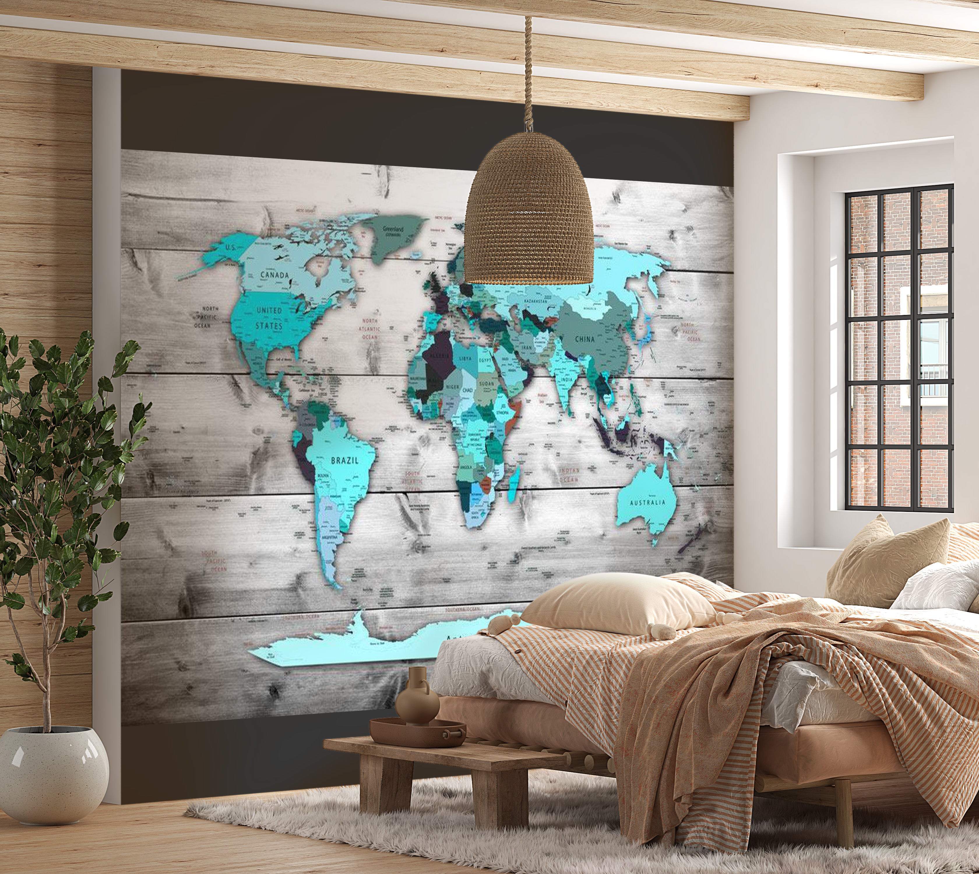 World Map Wallpaper Wall Mural - Map In Shades Of Blue 39"Wx27"H