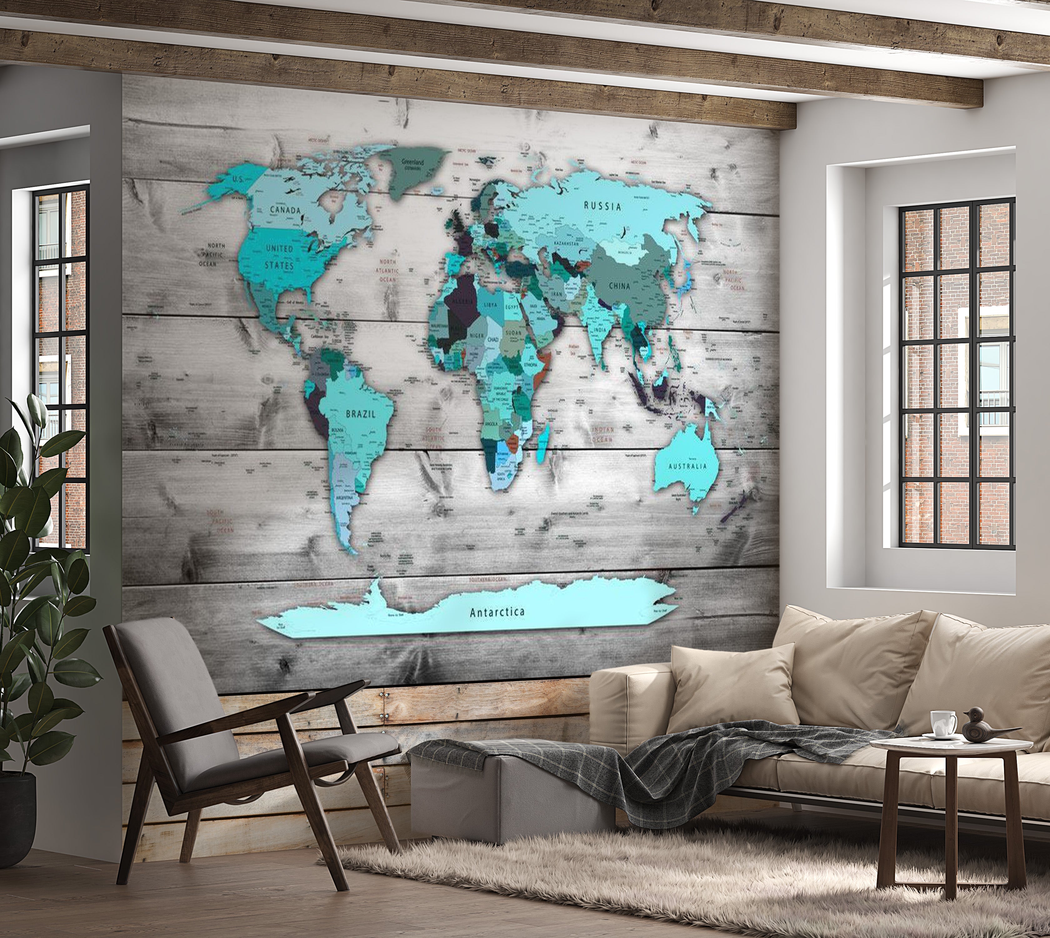 World Map Wallpaper Wall Mural - Map In Shades Of Blue 39"Wx27"H