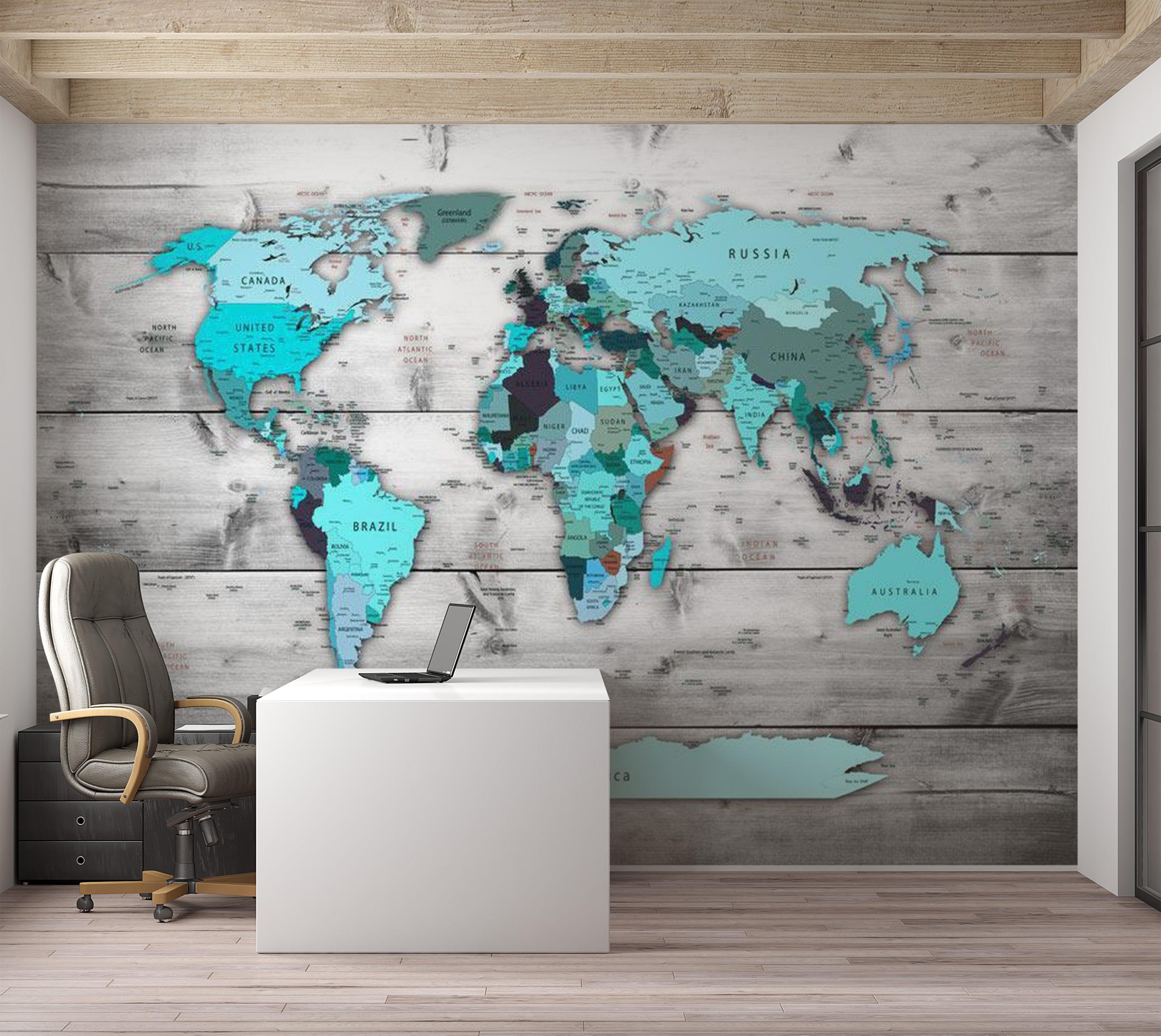 World Map Wallpaper Wall Mural - Map In Shades Of Blue