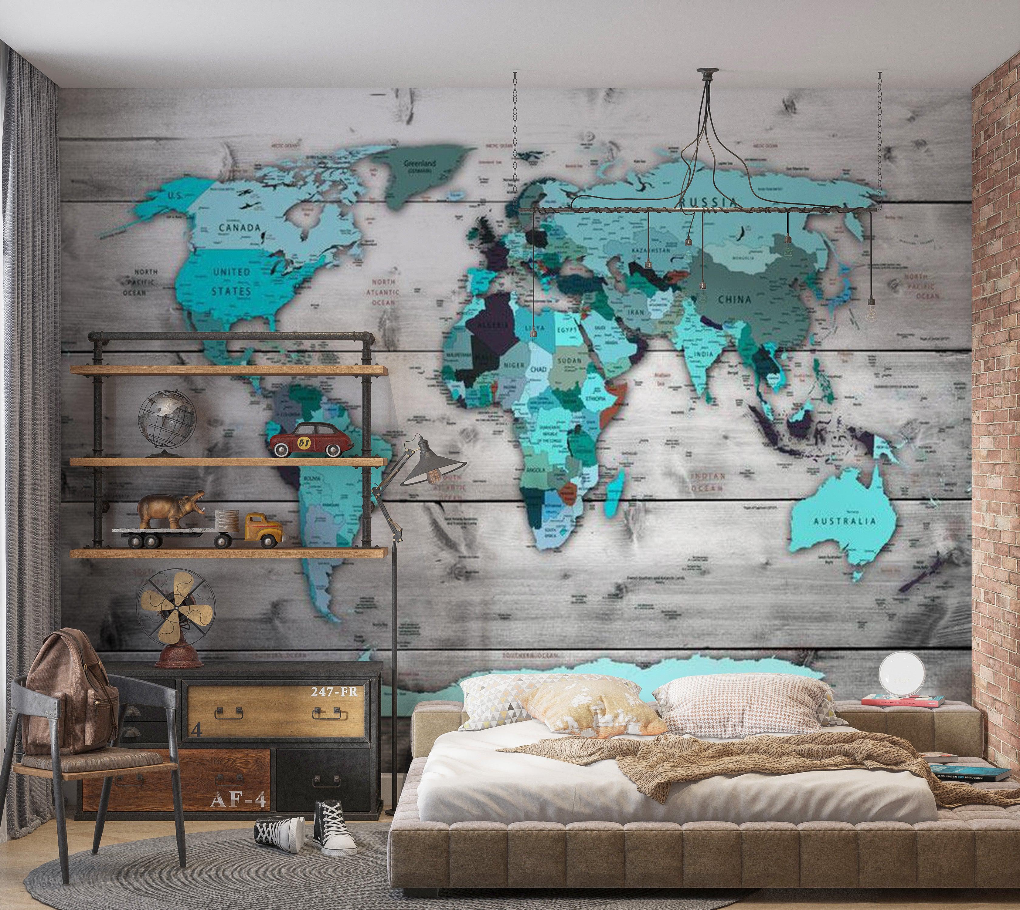 World Map Wallpaper Wall Mural - Map In Shades Of Blue