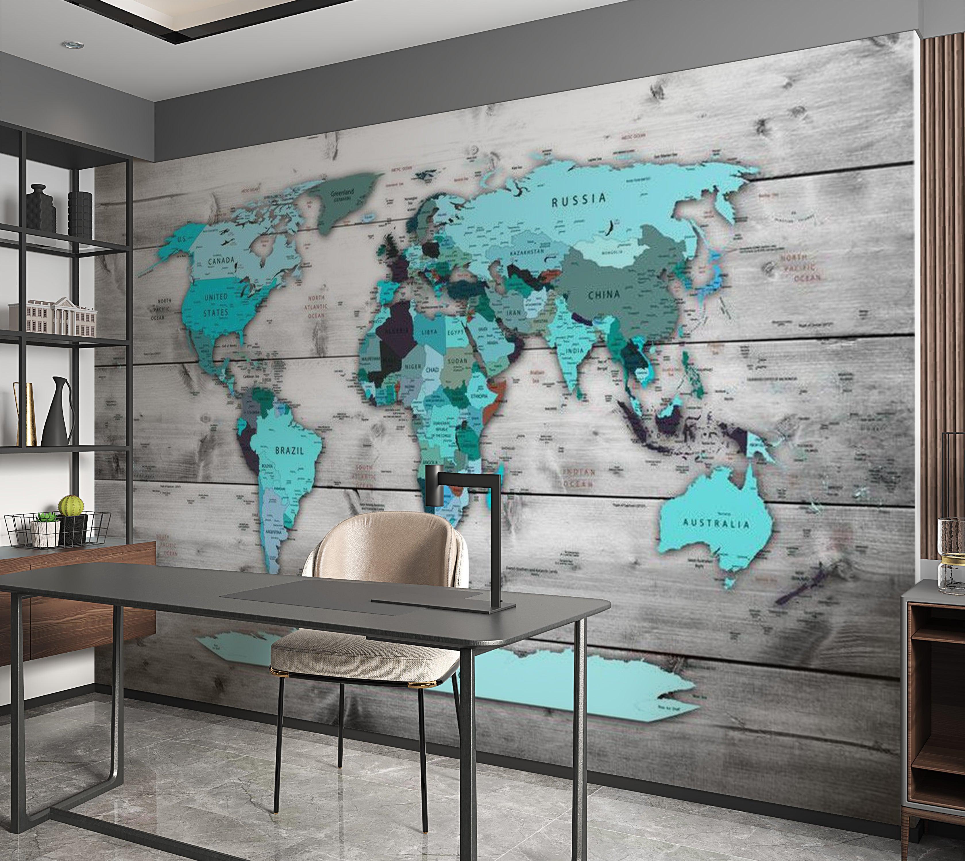 World Map Wallpaper Wall Mural - Map In Shades Of Blue