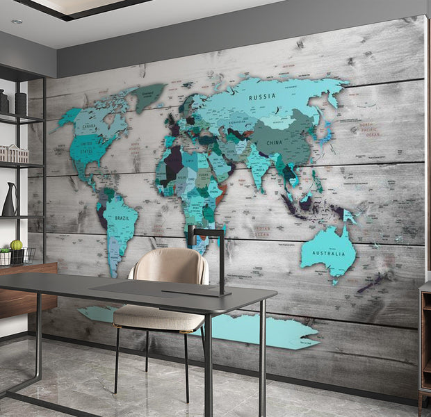 World Map Wallpaper Wall Mural - Map In Shades Of Blue