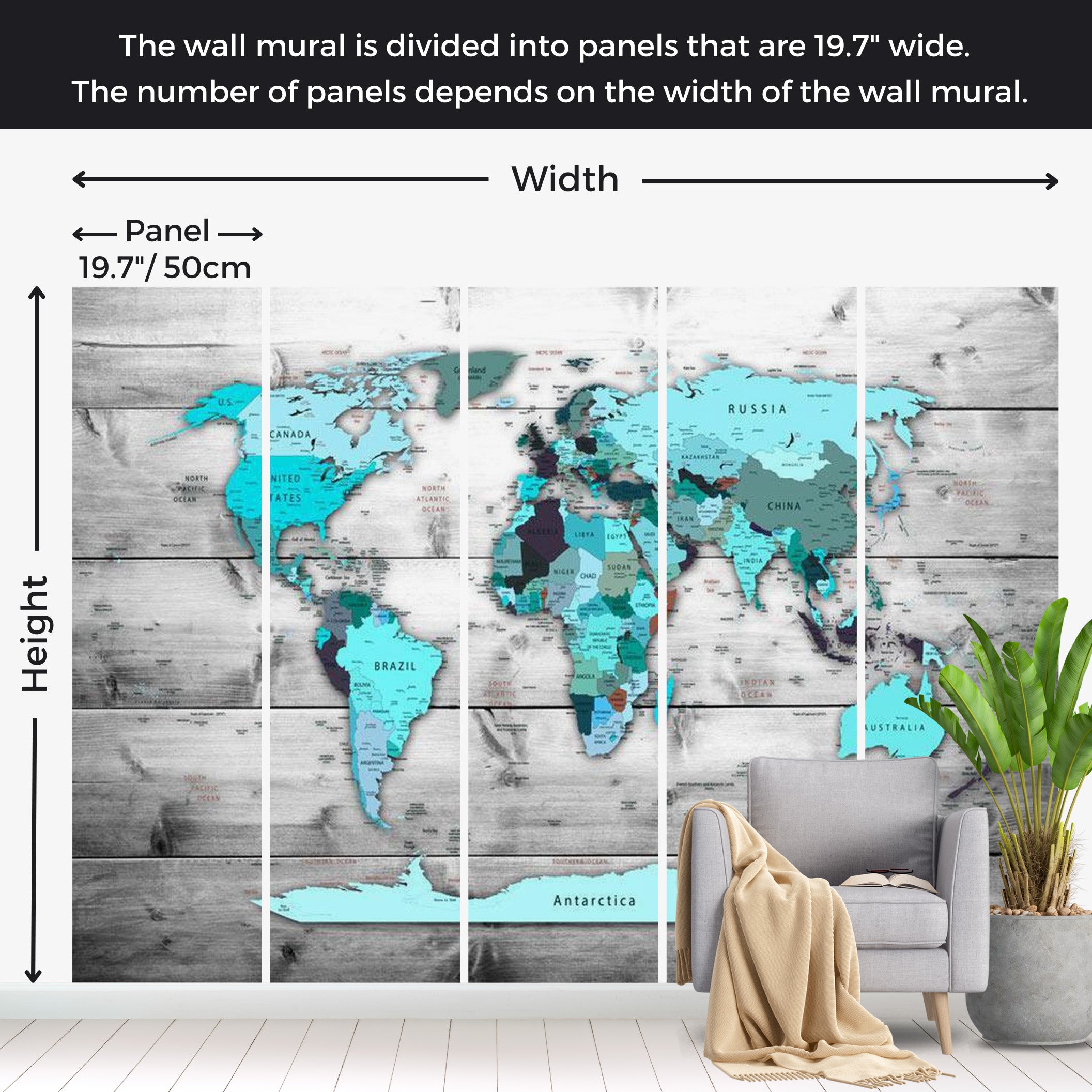 World Map Wallpaper Wall Mural - Map In Shades Of Blue 39"Wx27"H