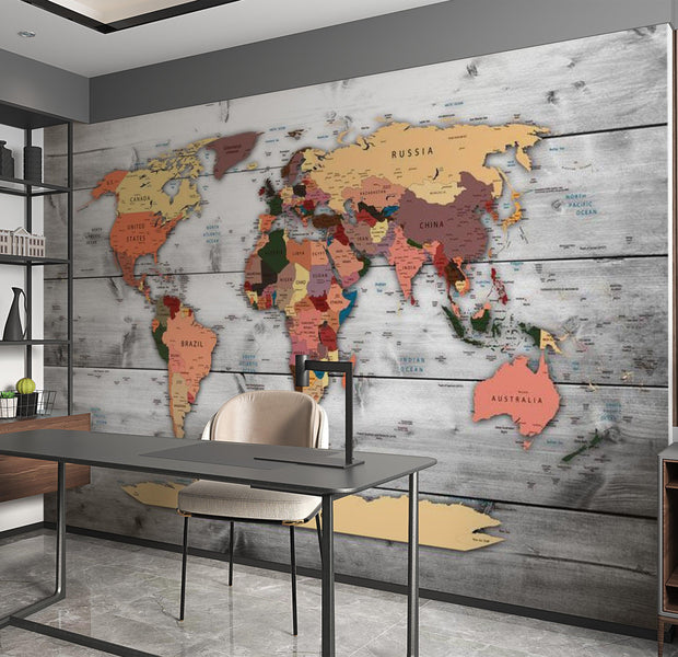 World Map Wallpaper Wall Mural - Map On Wooden Background