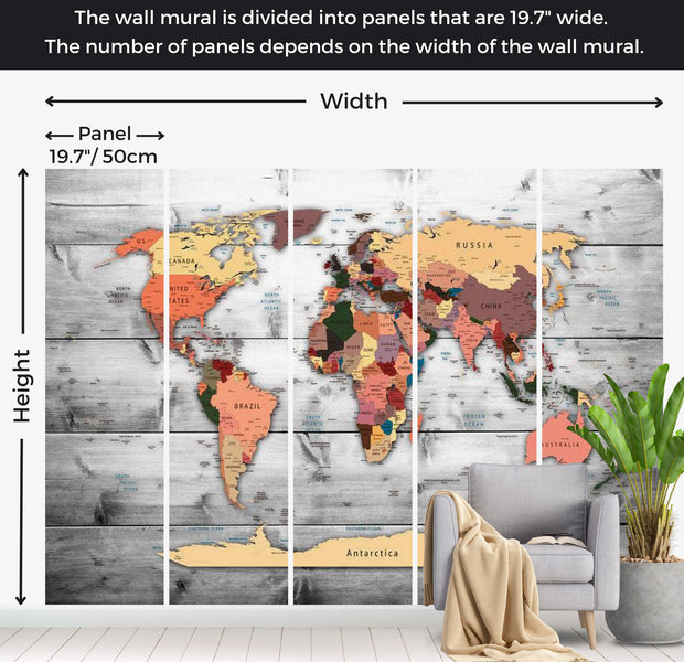 World Map Wallpaper Wall Mural - Map On Wooden Background 39"Wx27"H