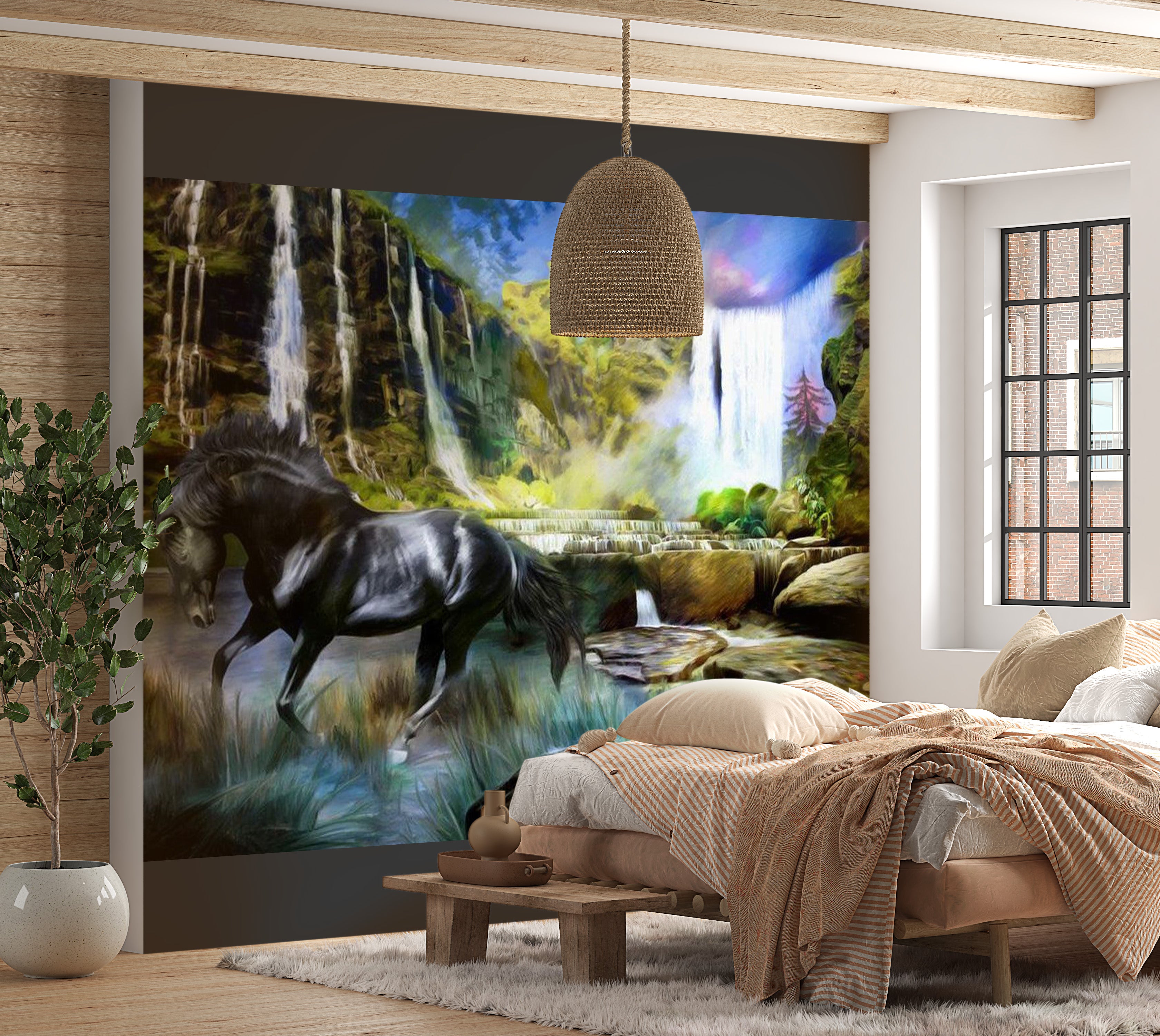 Animal Wallpaper Wall Mural - Horse On The Background Of Sky-Blue Waterfall 118"Wx90"H