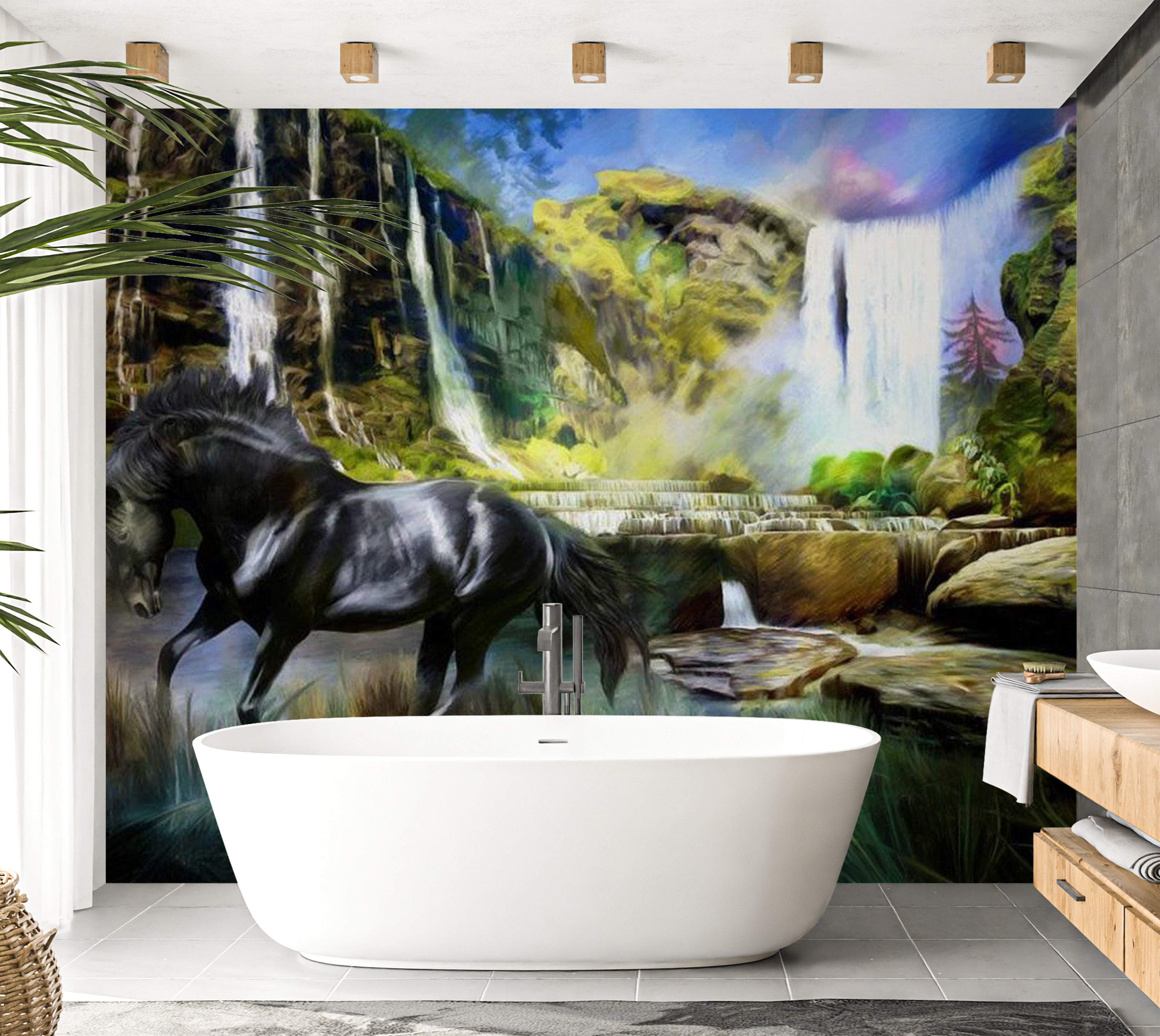 Animal Wallpaper Wall Mural - Horse On The Background Of Sky-Blue Waterfall 118"Wx90"H