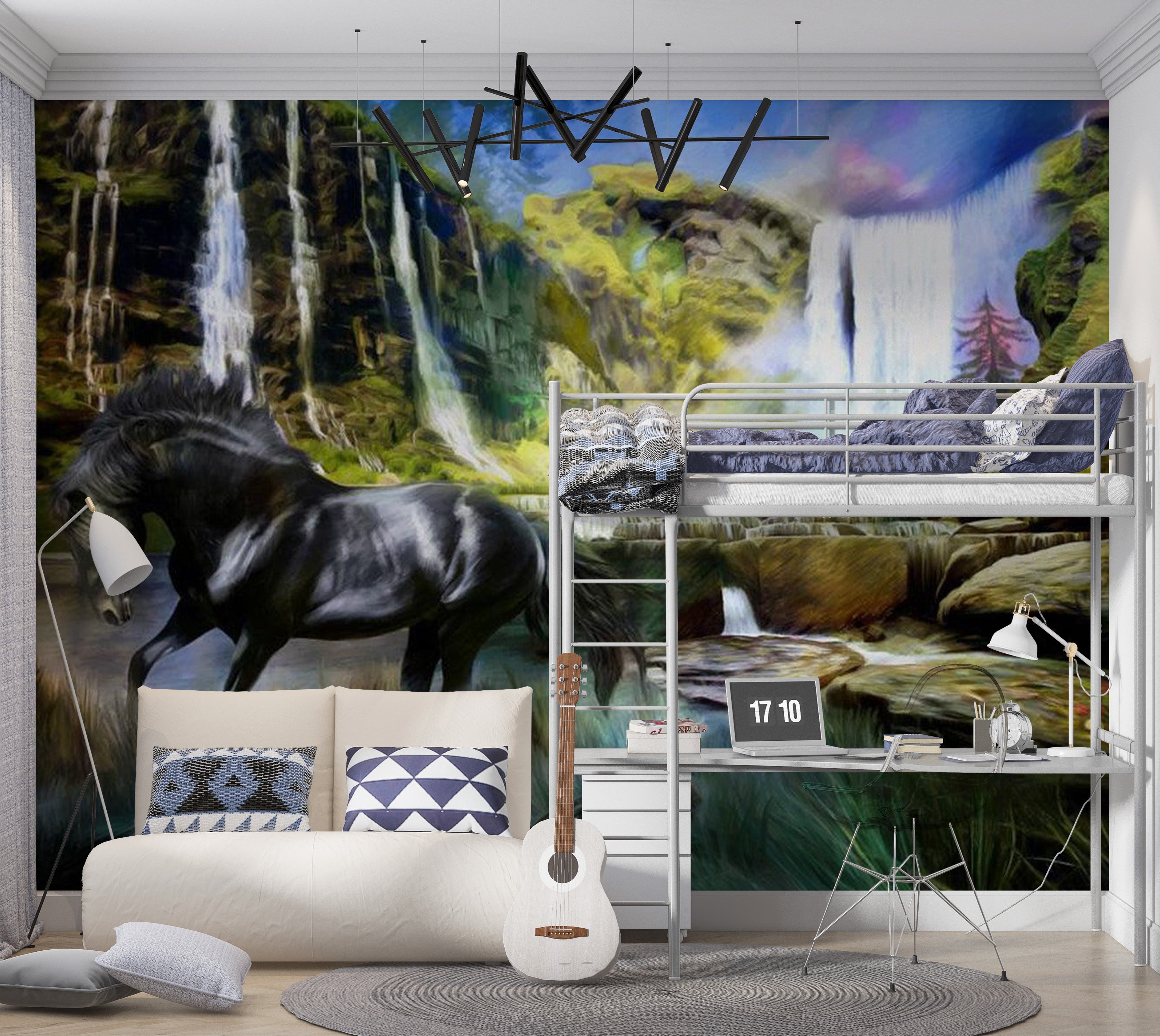 Animal Wallpaper Wall Mural - Horse On The Background Of Sky-Blue Waterfall 118"Wx90"H