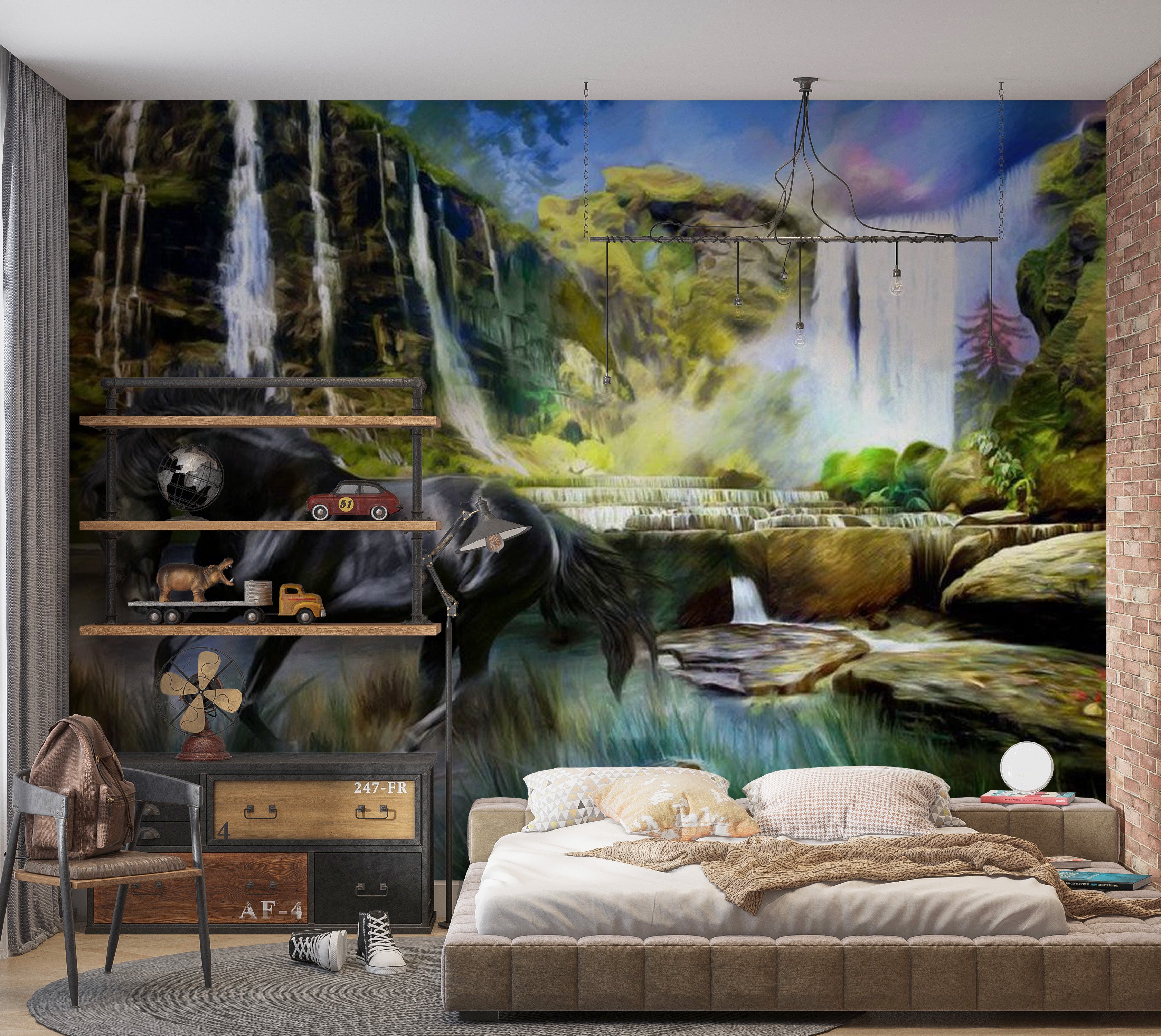 Animal Wallpaper Wall Mural - Horse On The Background Of Sky-Blue Waterfall 118"Wx90"H