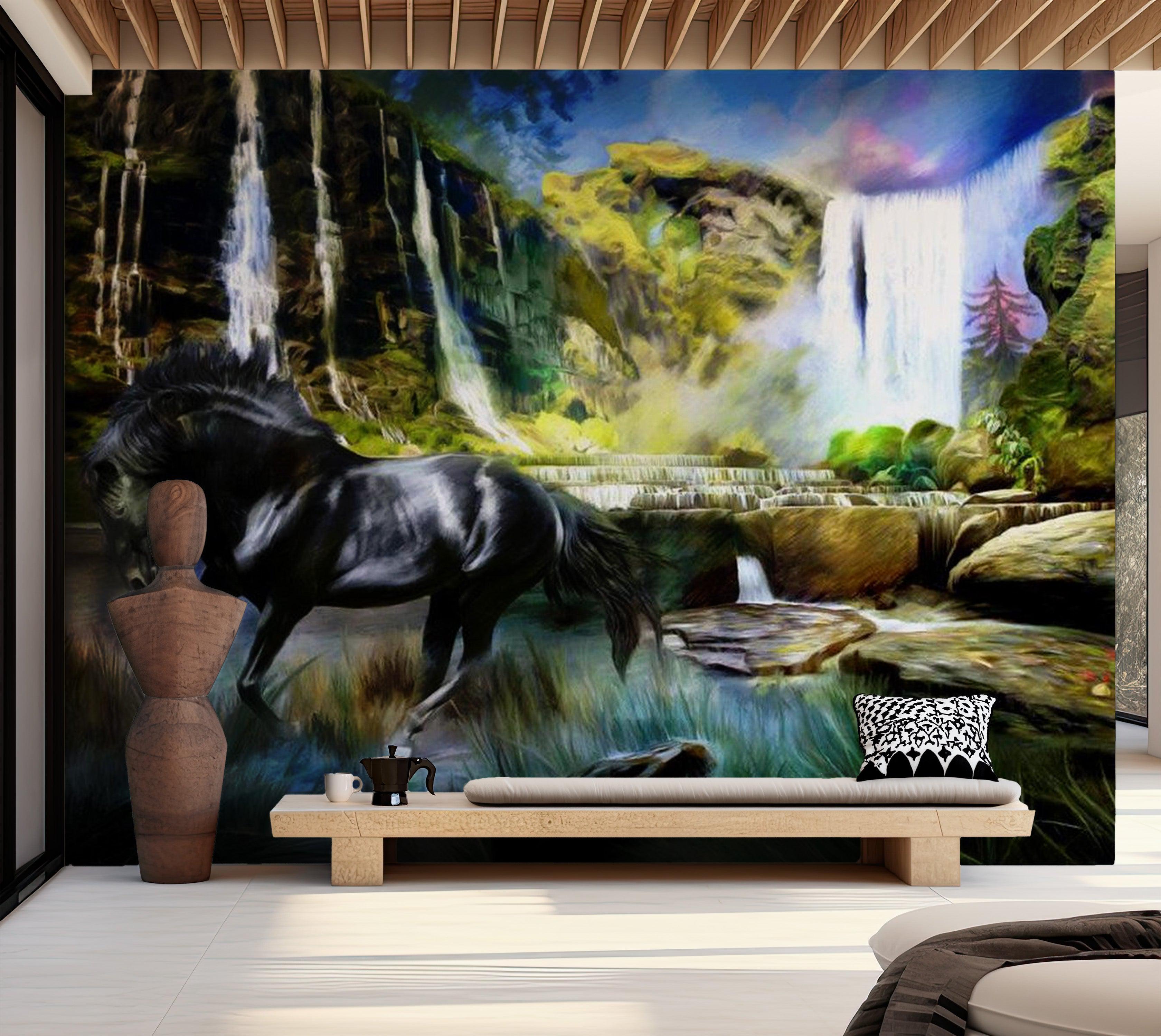 Animal Wallpaper Wall Mural - Horse On The Background Of Sky-Blue Waterfall