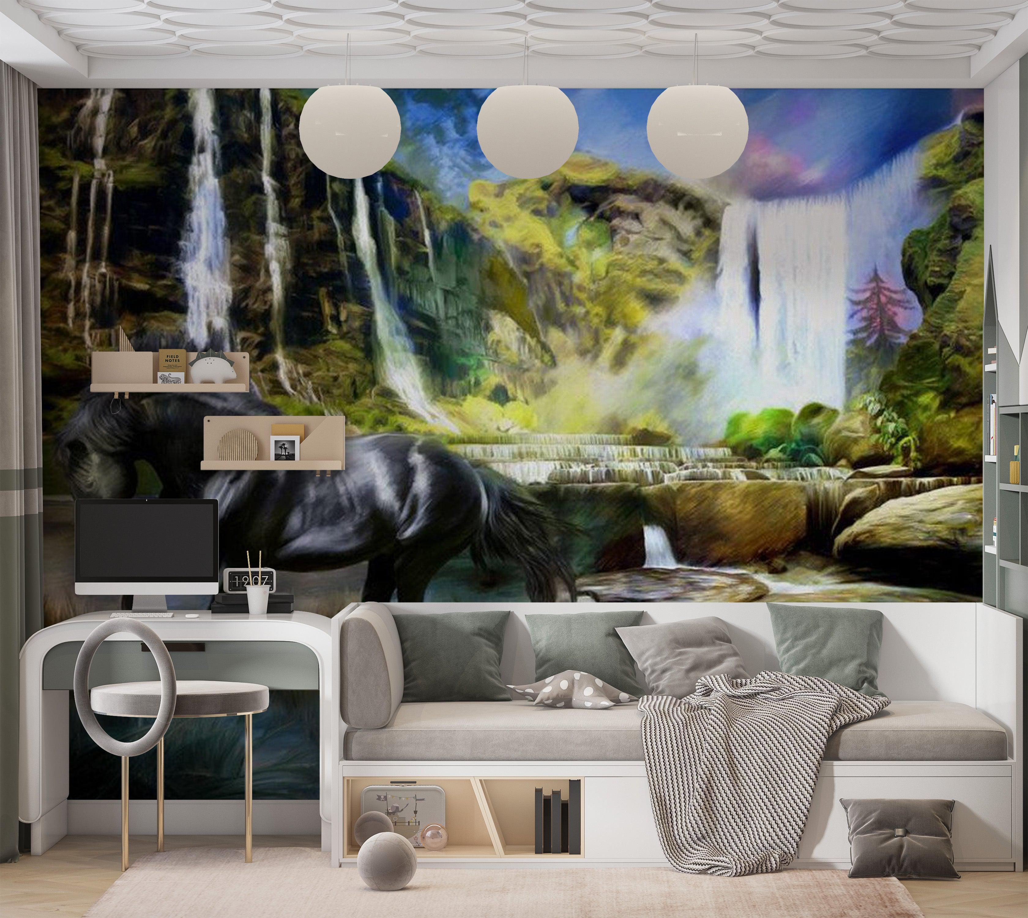 Animal Wallpaper Wall Mural - Horse On The Background Of Sky-Blue Waterfall