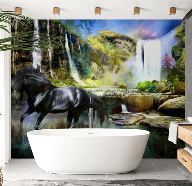 Animal Wallpaper Wall Mural - Horse On The Background Of Sky-Blue Waterfall 118"Wx90"H