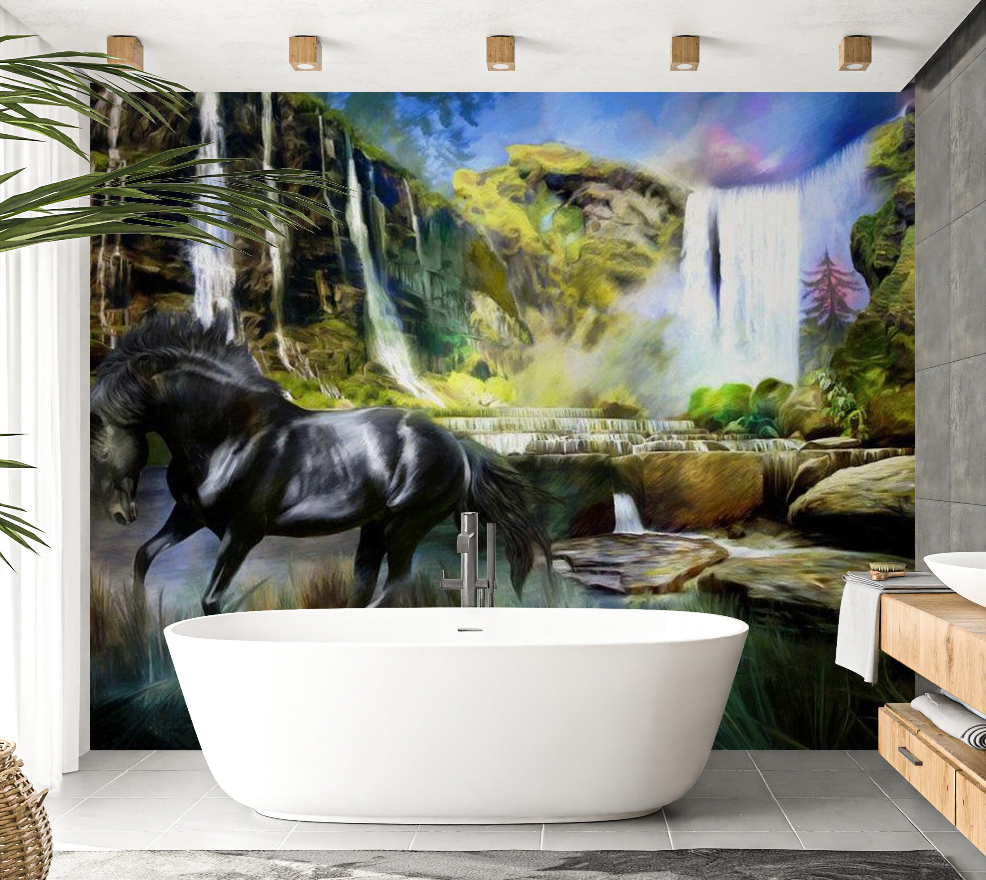 Animal Wallpaper Wall Mural - Horse On The Background Of Sky-Blue Waterfall