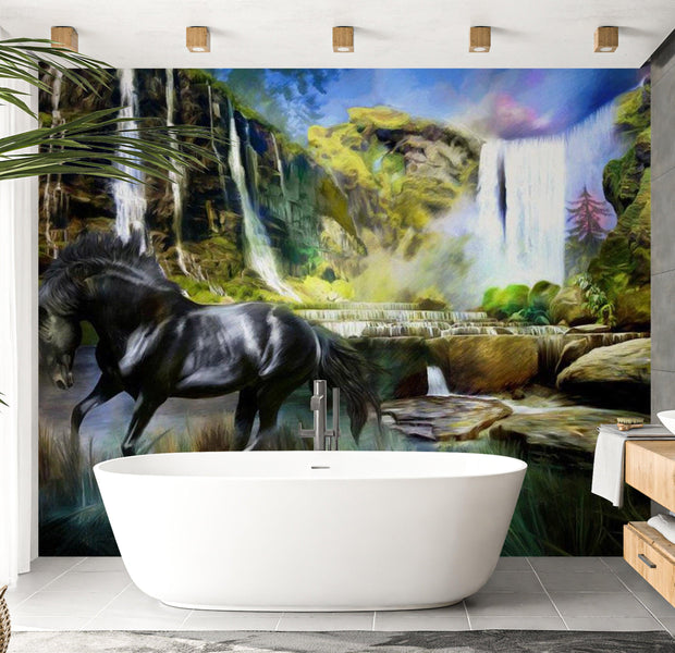 Animal Wallpaper Wall Mural - Horse On The Background Of Sky-Blue Waterfall