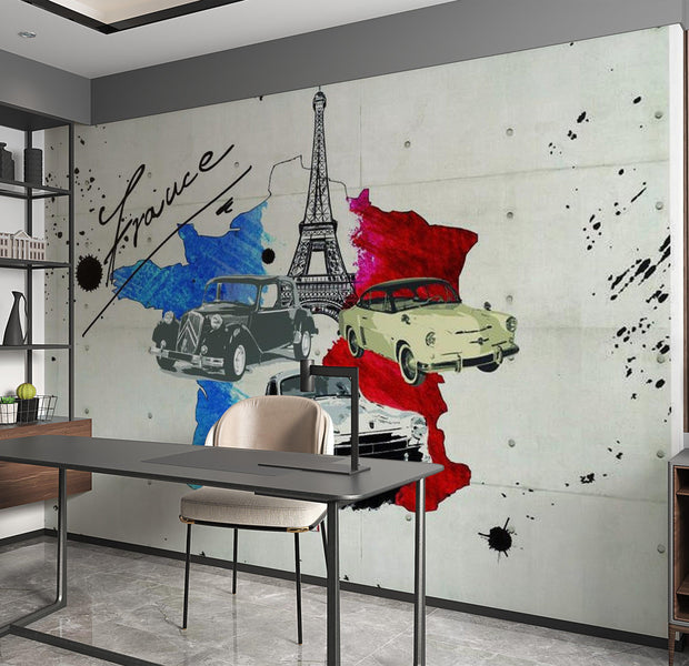 World Map Wallpaper Wall Mural - Flag Of France & Old Cars