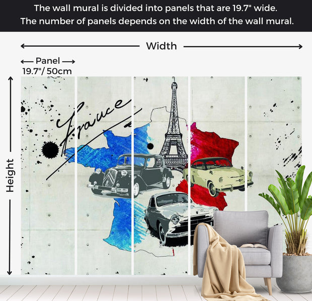World Map Wallpaper Wall Mural - Flag Of France & Old Cars 118"Wx90"H