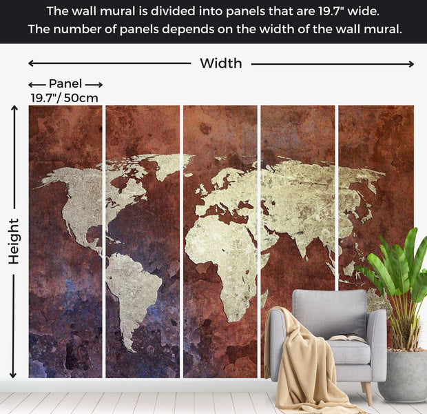 World Map Wallpaper Wall Mural - Iron Continents 118"Wx90"H