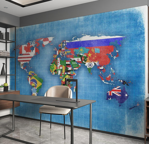 World Map Wallpaper Wall Mural - Flags
