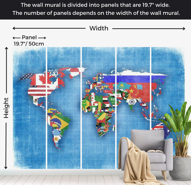 World Map Wallpaper Wall Mural - Flags 118"Wx90"H